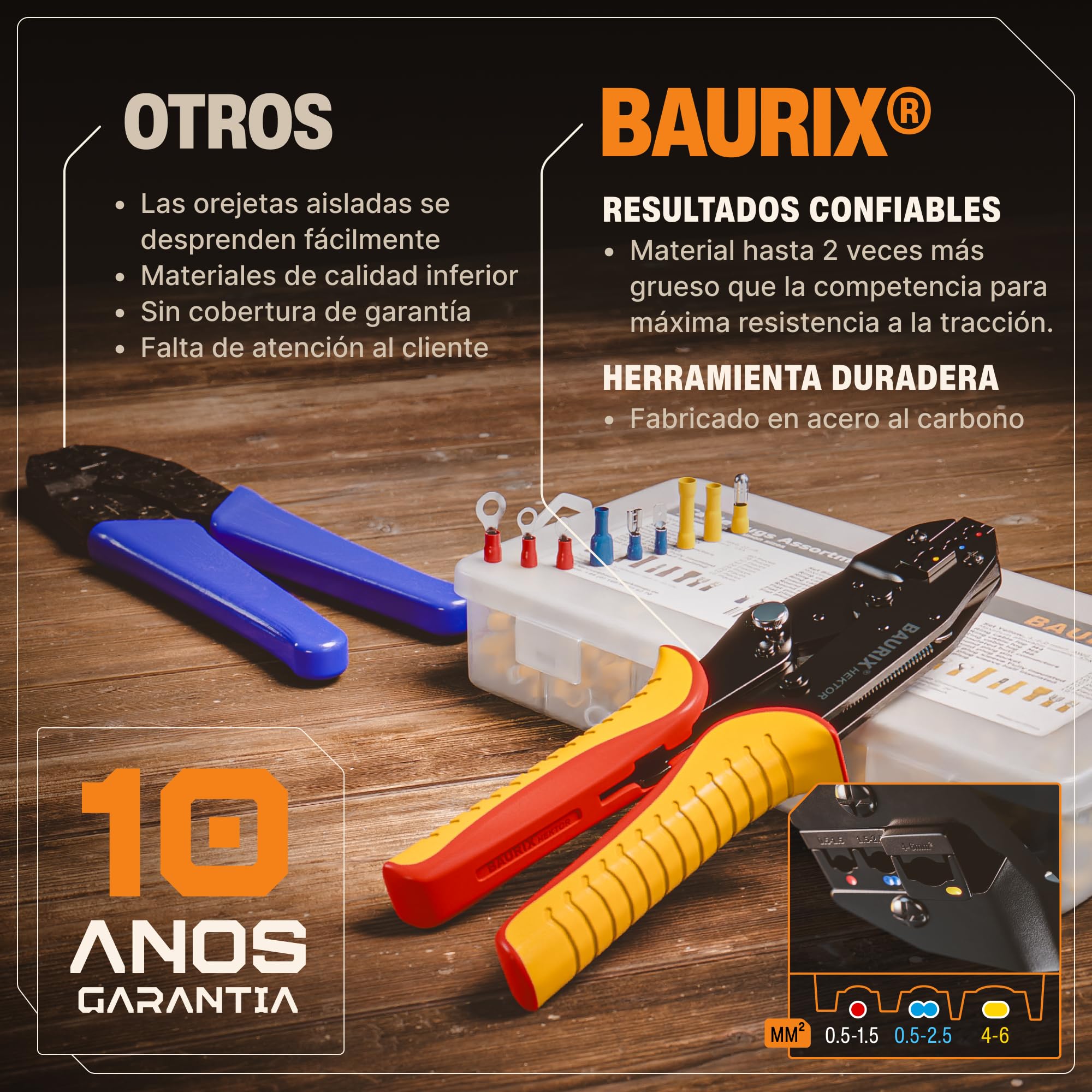 BAURIX® Tenaza de Crimpado para Terminales de Cable, Incluye Set de 700 Piezas | Tenaza para Terminales de Cable de 0,50-6,00 mm² | Tenaza de Crimpado, Tenaza Crimpadora, Tenaza de Prensado
