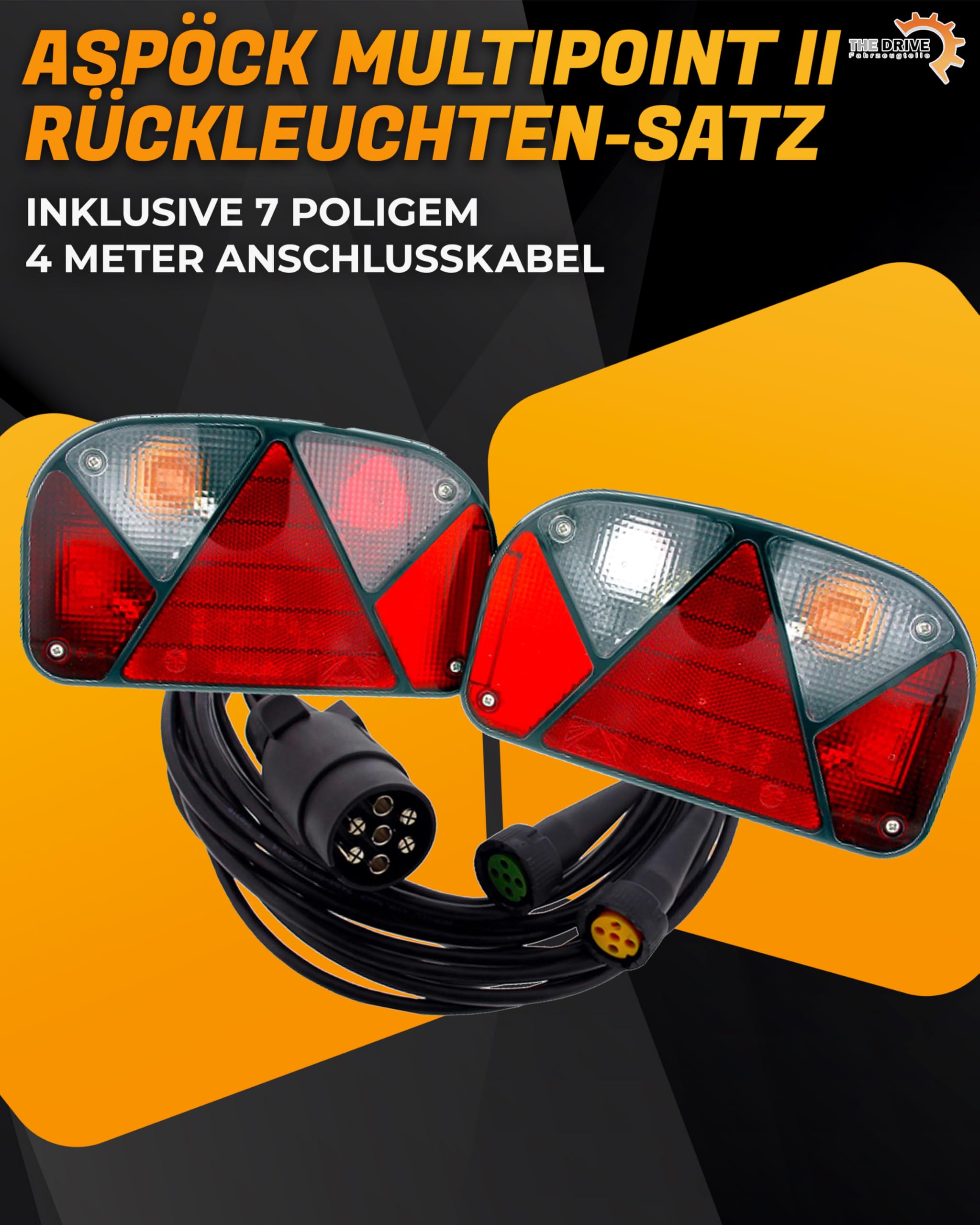 The Drive | Anhänger Rückleuchten Satz | Aspöck Multipoint II 2 | 4m Anschlusskabel 7-polig | Rechts & Links | Bajonett-Anschluss | Rücklichter für PKW-Anhänger, Trailer & Wohnwagen