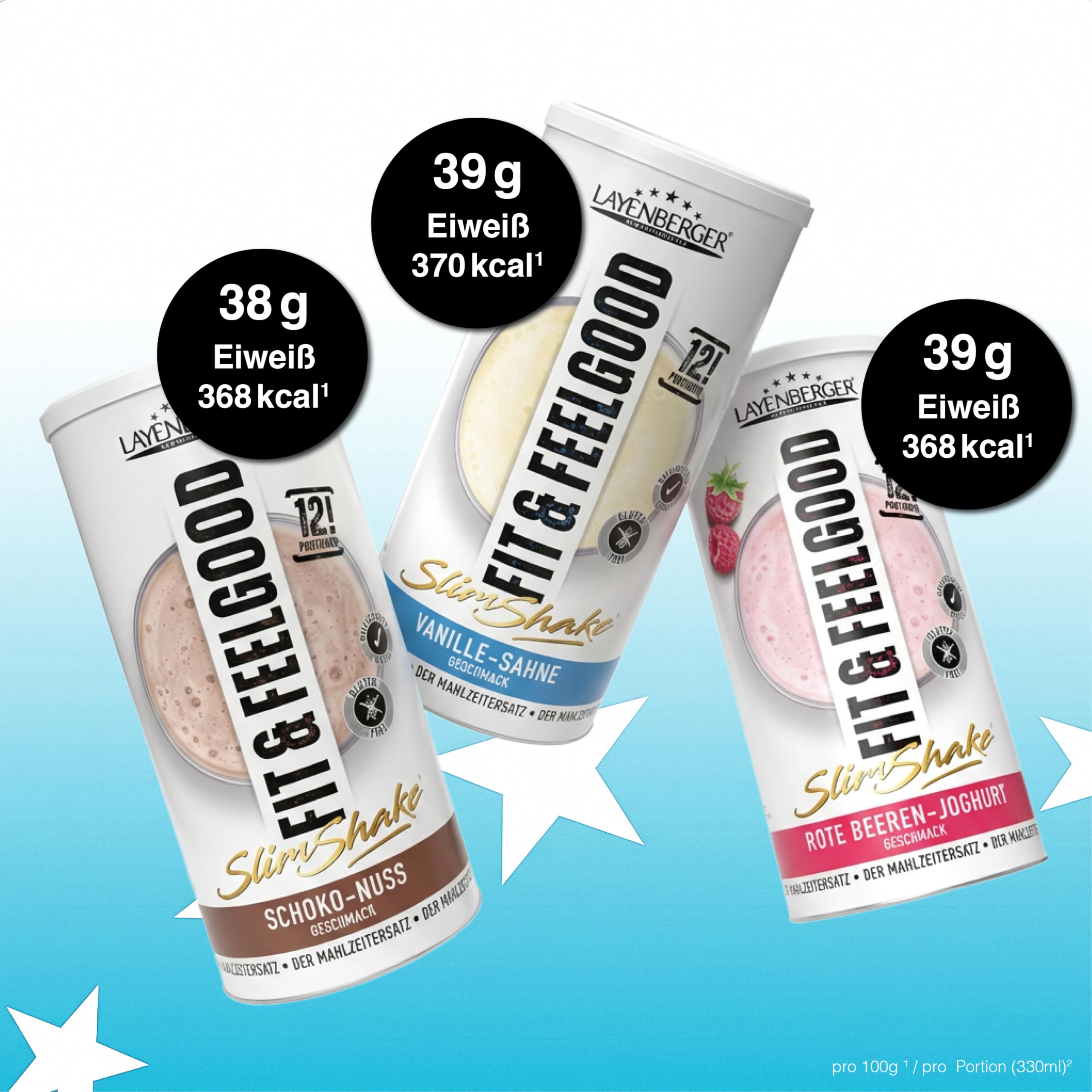 Layenberger Abnehm-Paket Premium - 23er Mix aus Fit&Feelgood Powder (6x 396 g) und Fixfertig (16x 330 ml) für kalorienarmen Mahlzeitersatz - mit Shaker