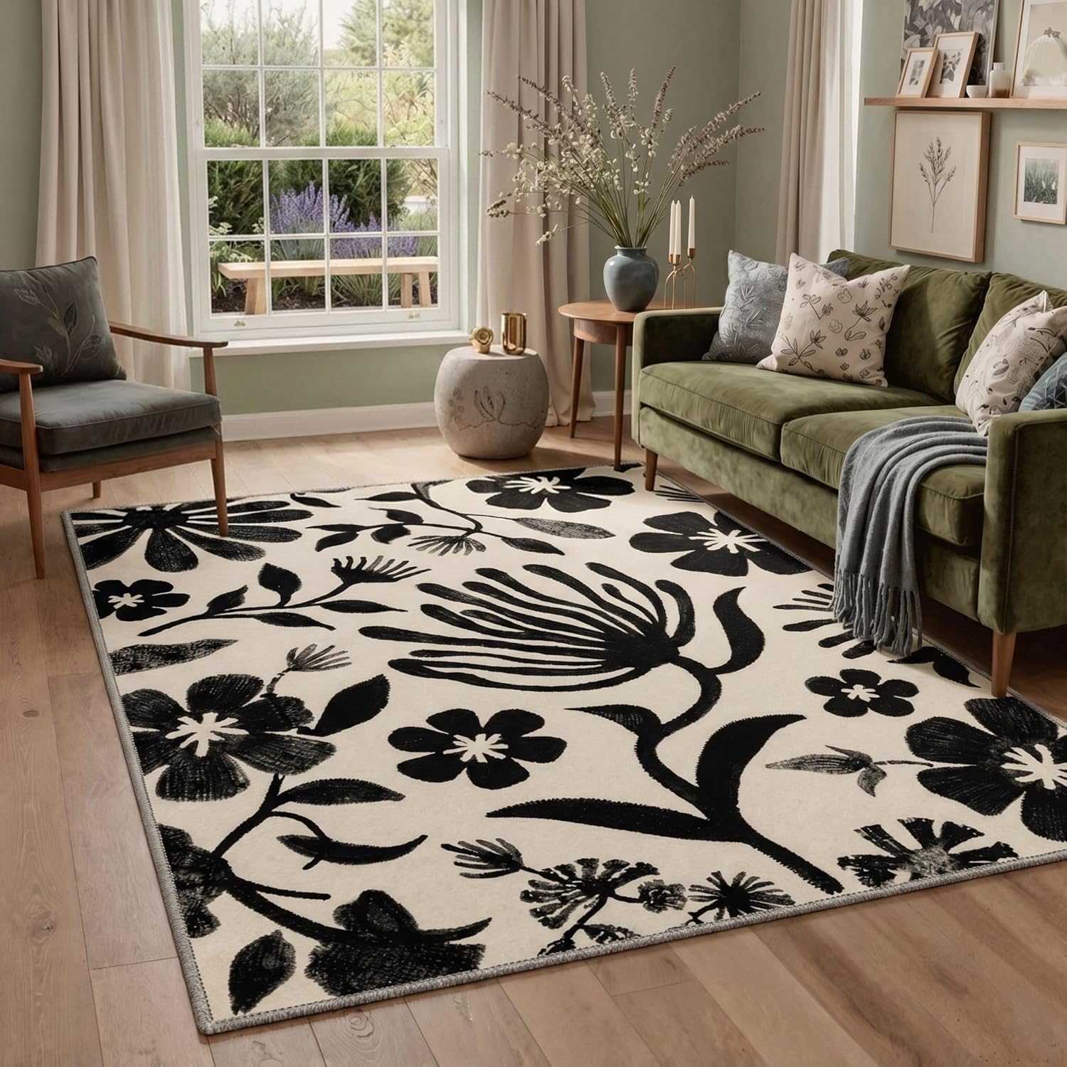 Bavni 2x3 Rug Machine Washable Low Pile Non Slip, Kitchen Rugs for Floor Entryway Front Door Bathroom, Small Indoor Door Mat with Floral Silhouette