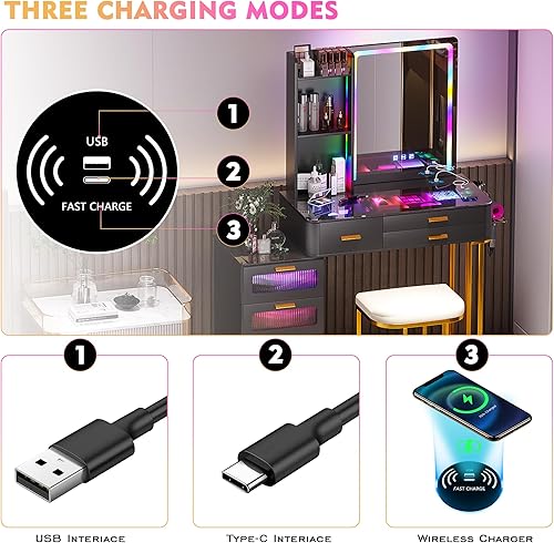 Miniatura 4 de Escritorio RGB con espejo y luces, mesa de tocador de maquillaje con parte superior de cristal con estación de carga inalámbrica, tocador moderno