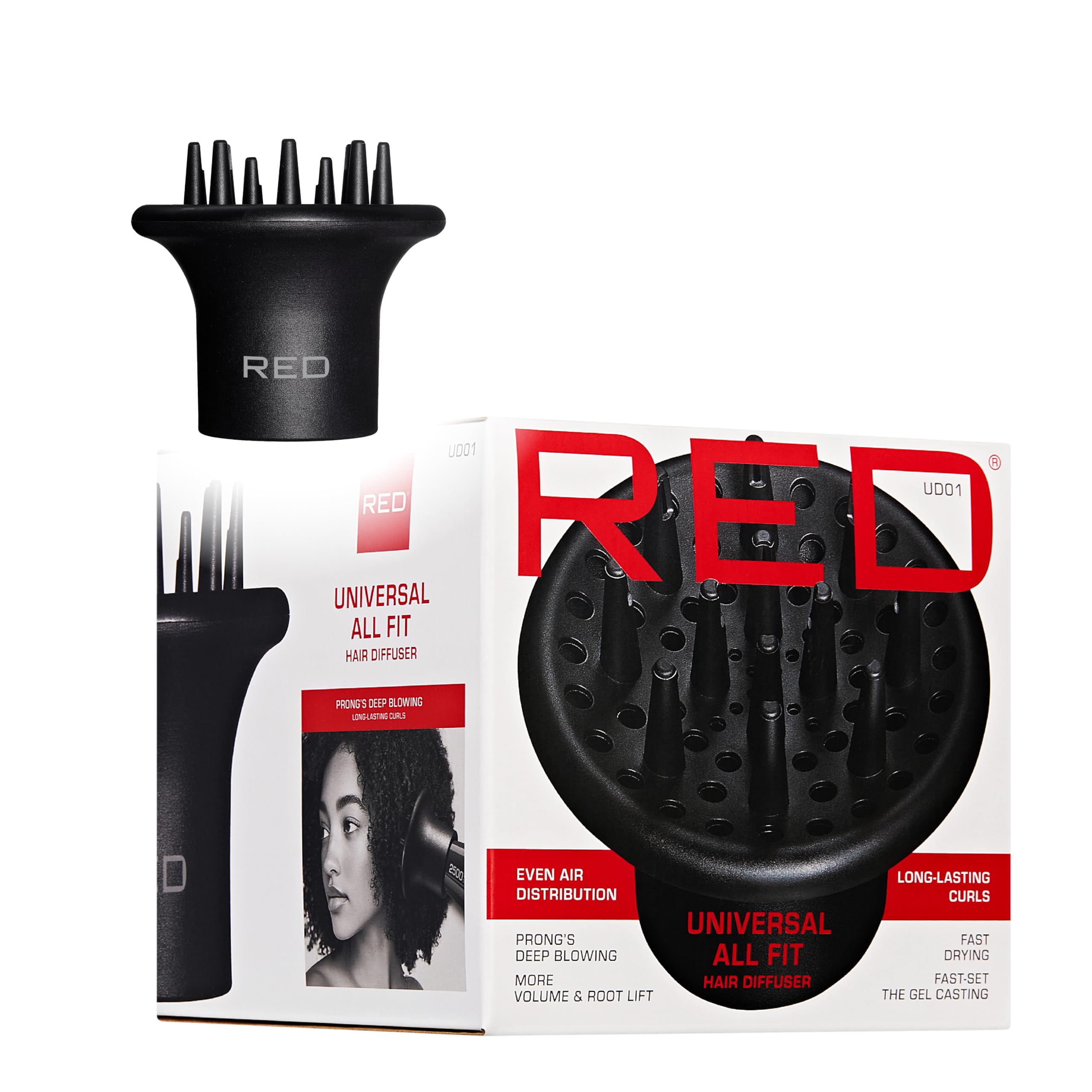 Red by Kiss Hair Dryer Diffuser, Heavy Duty Rubber Grip, Long Prongs for Volume & Root Drying, Compact Design Fits Most Dryers for Fast Drying & Shine Boost and Bouncy Curls