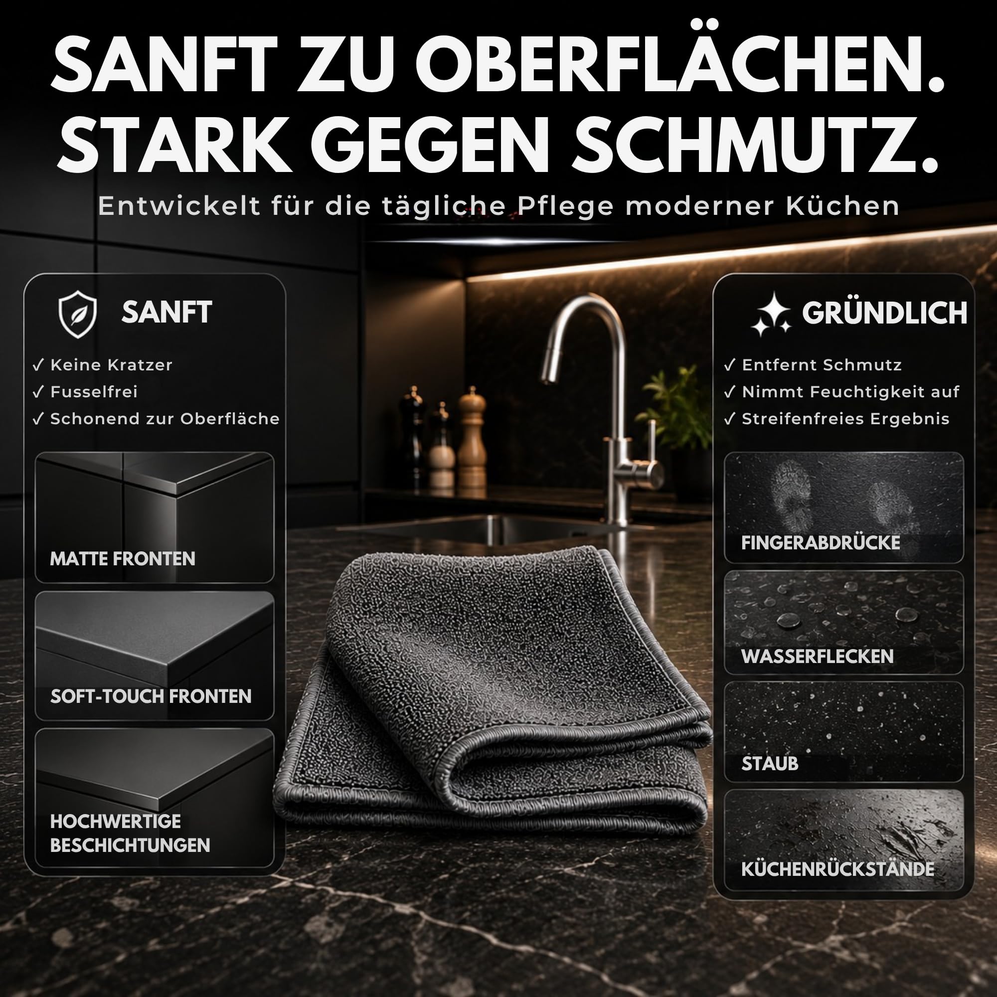 2er Set Premium-Mikrofasertücher Graphitgrau, Flip & Shine | 2 Profi-Tücher 30x30 cm mit Hochflor- & Polierseite | Ideal für Matte & hochglänzende Küchenoberflächen
