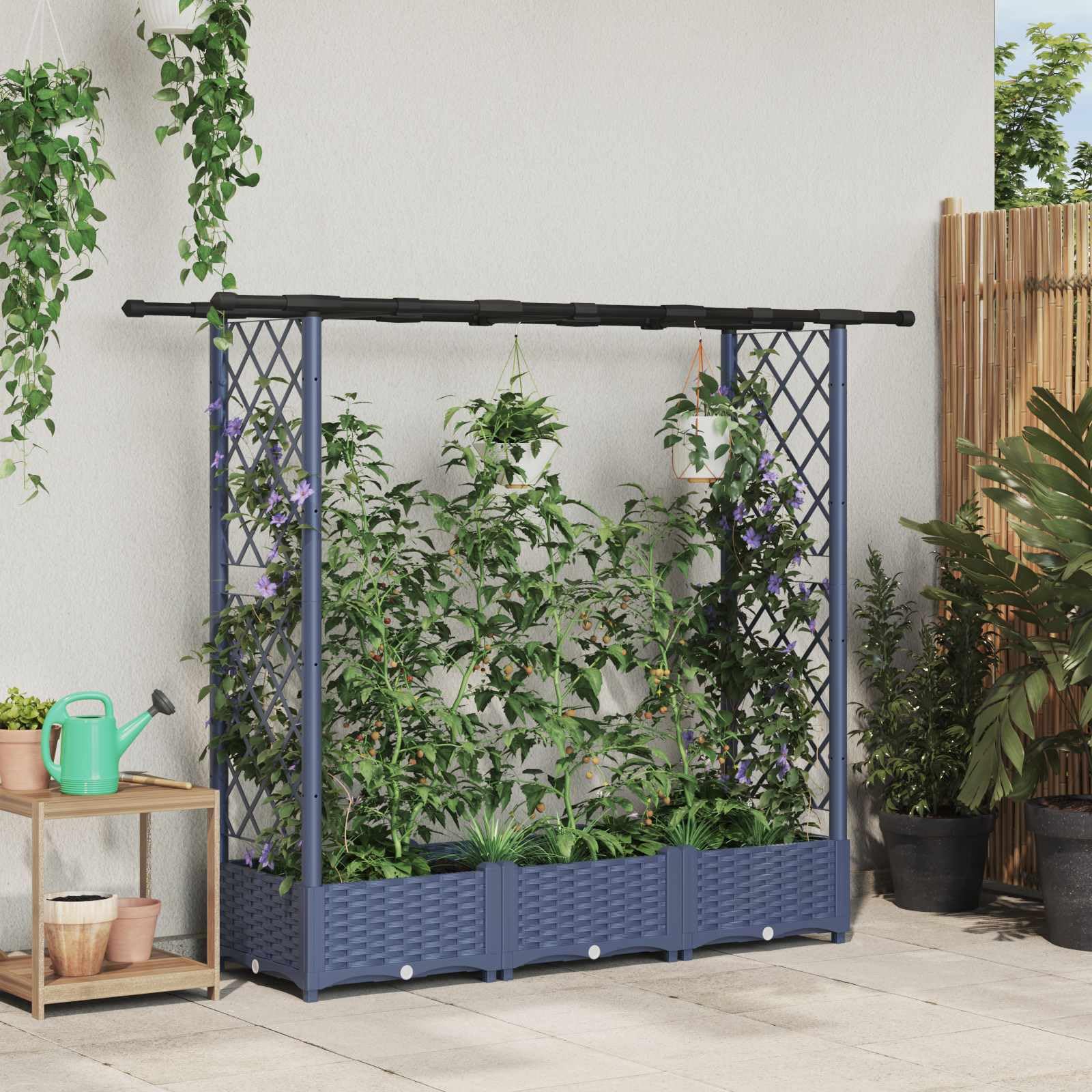 Jardinera con enrejado y techo, jardinera de polipropileno gris para jardín y terraza, 164 x 40 x 121 cm, resistente a la intemperie con riego y almacenamiento de agua para hierbas y verduras