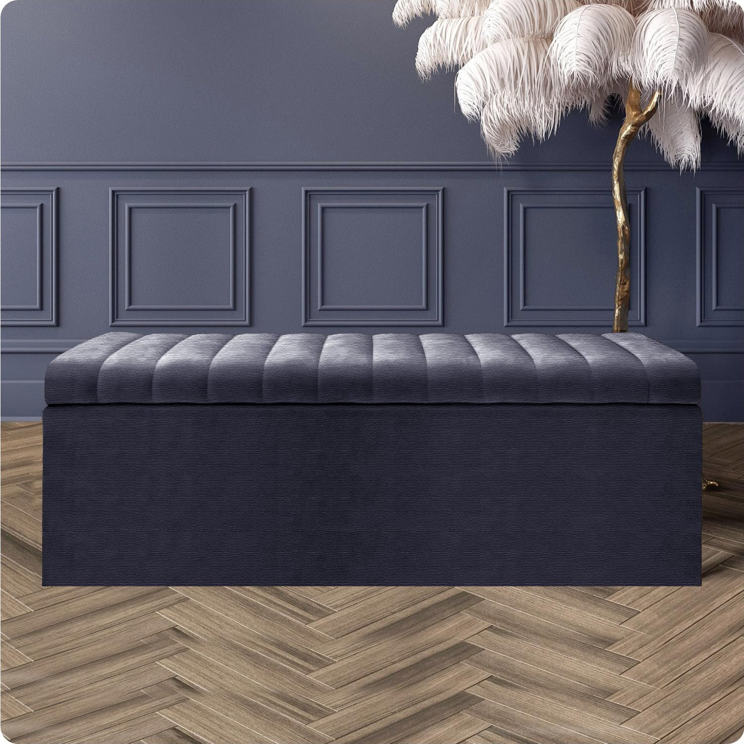 Naples Velvet Ottoman Storage Box, Upholstered Blanket Box with Hinged Lid, Bedroom Storage Ottoman, End of Bed Storage Bench, Padded Ottoman Storage Seat for Living Room & Hallway