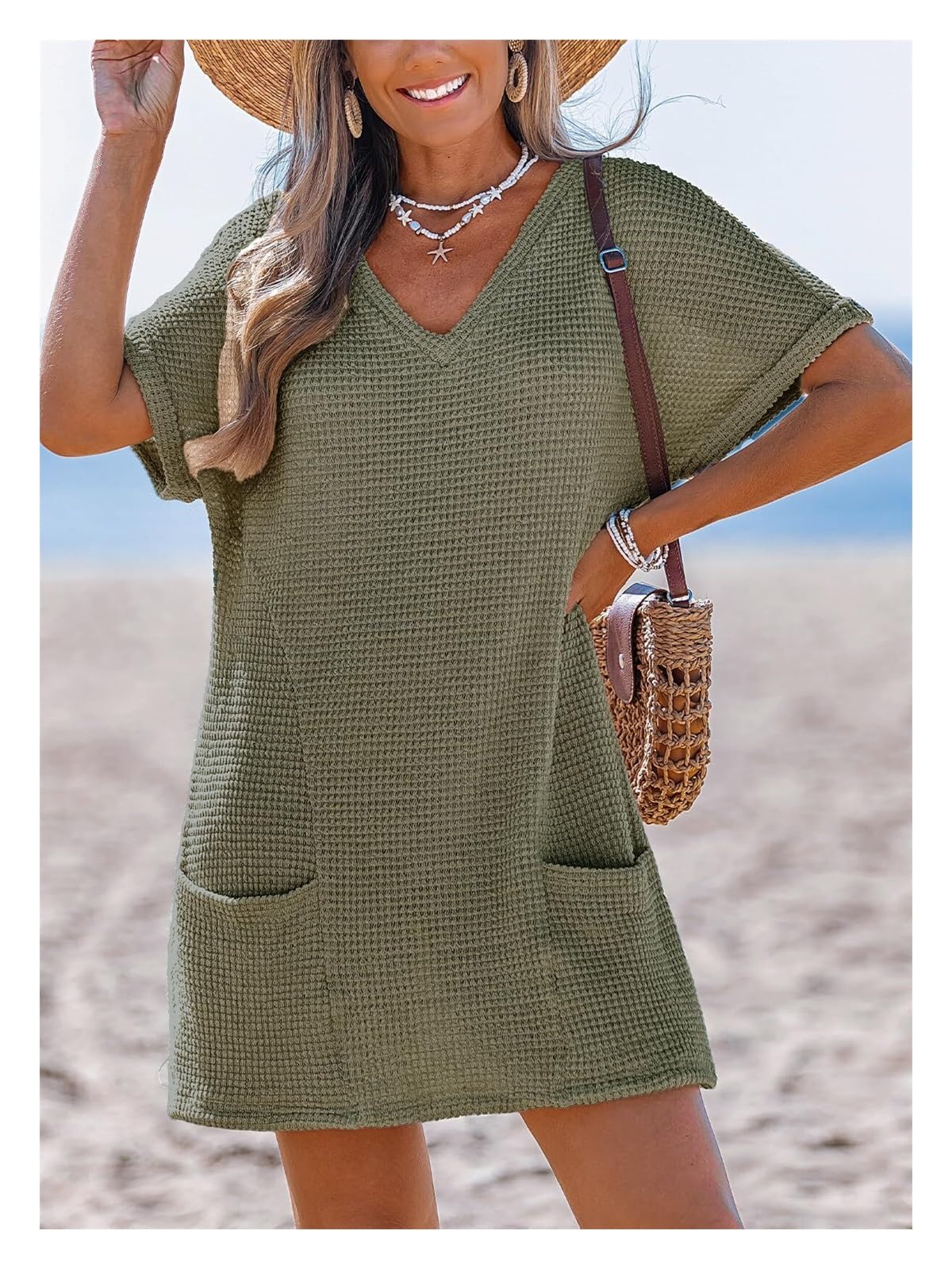 Damen Bikini Cover Up Strandkleid Waffelstrick V-Ausschnitt Kurzarm Sommerkleid Strand Urlaub Strandponcho Minikleid Mit Taschen