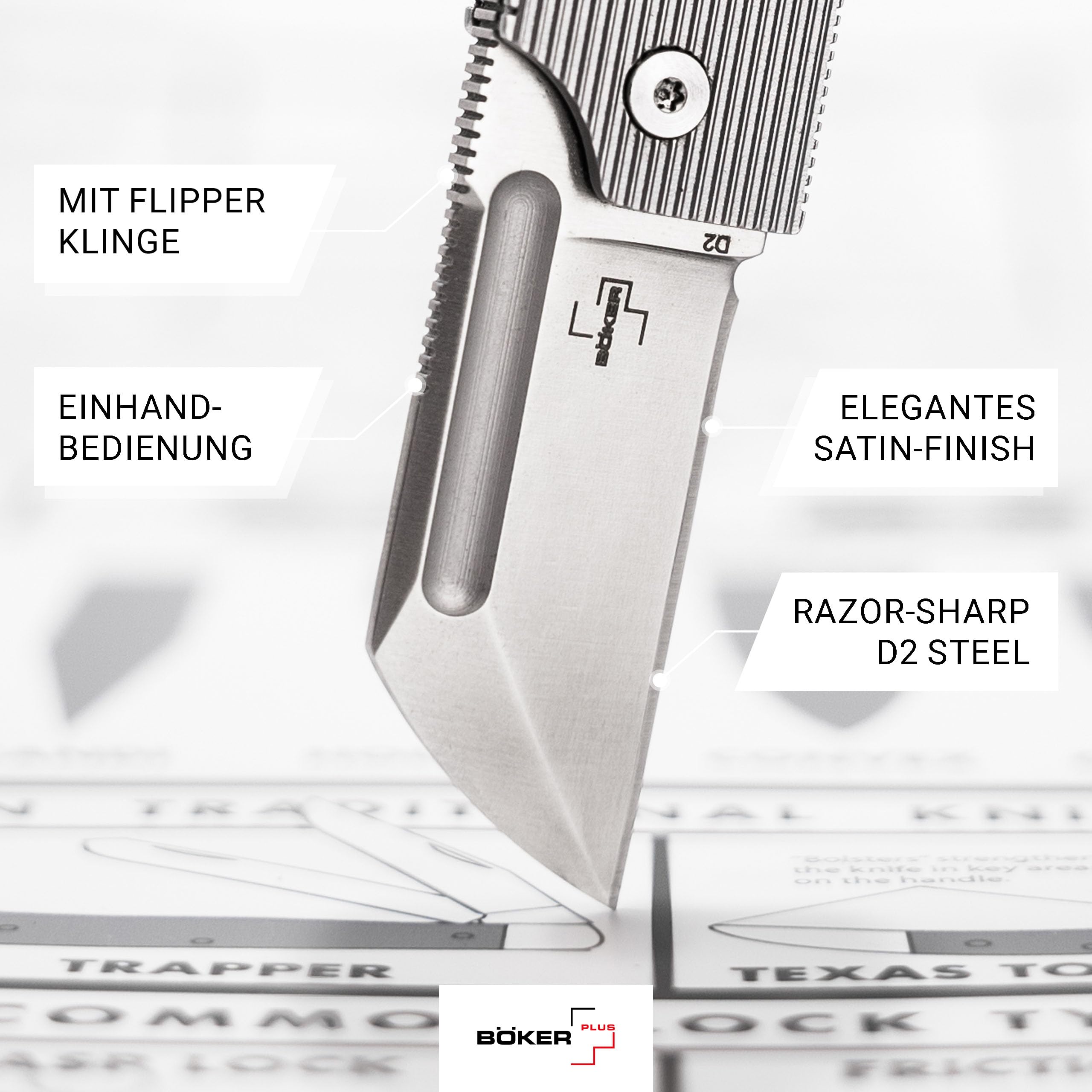 BÖKER PLUS® BabyX Flipper Steel - Mini couteau de poche EDC à roulement à billes avec lame D2 Sheepfoot - Petit couteau pliant à une main avec poignée en acier inoxydable et clip - Couteau de poche