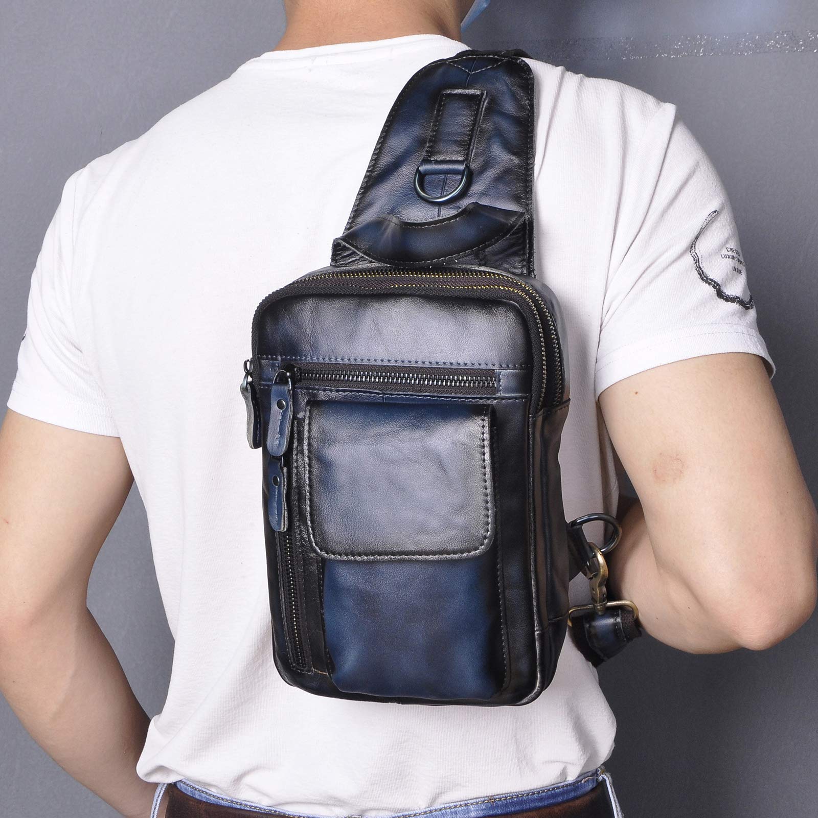 Le’aokuu Herren Echtes Leder Brusttasche Crossbody Bag Sling Bag Schultertasche Gurteltasche Umhängetasche Rucksack Brustbeutel Für Outdoor Sport Reisen B574 (B574 ciemnoniebieski)