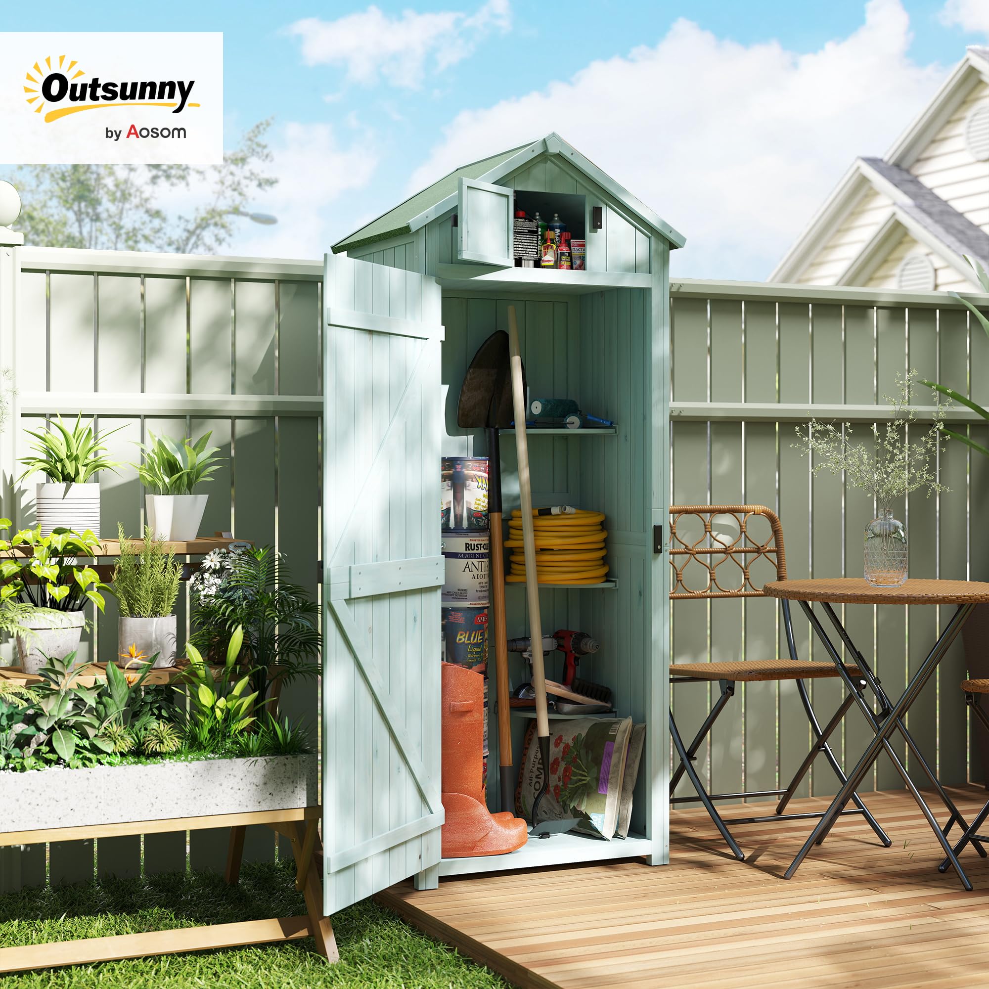 Outsunny Capanno da Giardino Piccolo in Legno, Porta Attrezzi Salvaspazio, 3 Mensole Rimovibili, Tetto in Asfalto Impermeabile, 77x54.2x179cm, Blu