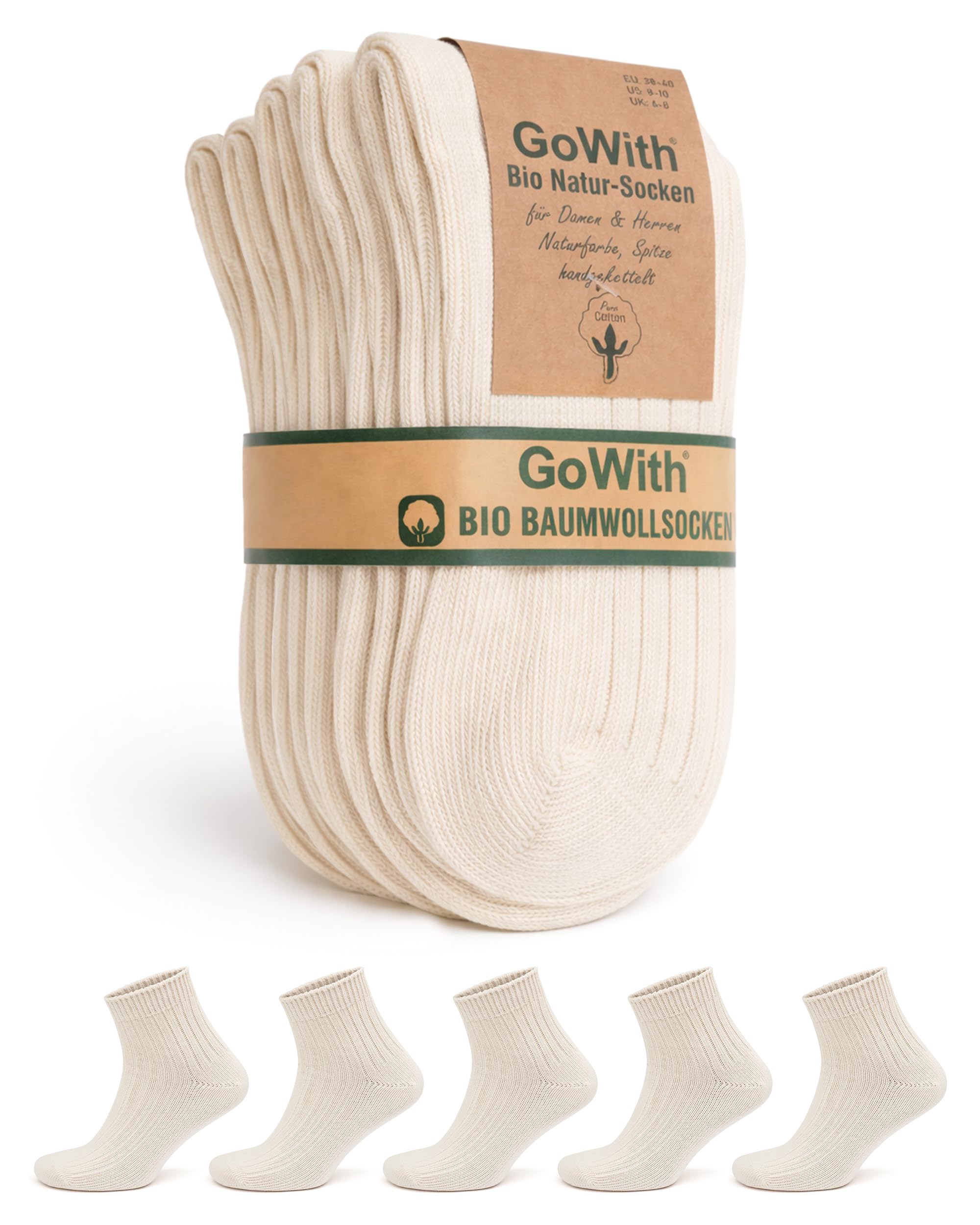 GoWith Lot de 5 paires de chaussettes basses unisexes 97 % coton naturel, confortables, respirantes, sans couture, pour homme et femme, écru, taille XL, modèle 3010, Non teint - 5 paires, X-Large