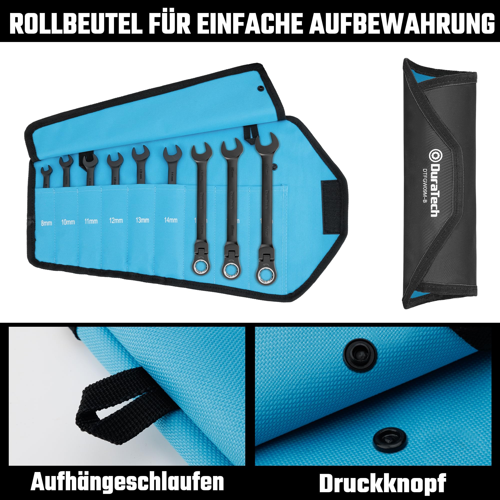 DURATECH 9-tlg. Flex-Kopf Ratschenringschlüssel Set, Cr-V Stahl, Schwarz
