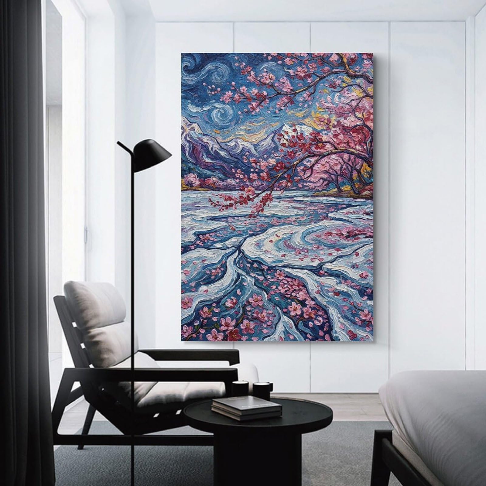 Junmoney Cherry Blossoms And Mountains Painting Wall Picture Print, 20x30inch(50x75cm), for Art Walls, Layered Displays Or Homes, Home Wall Art for Statement Displays