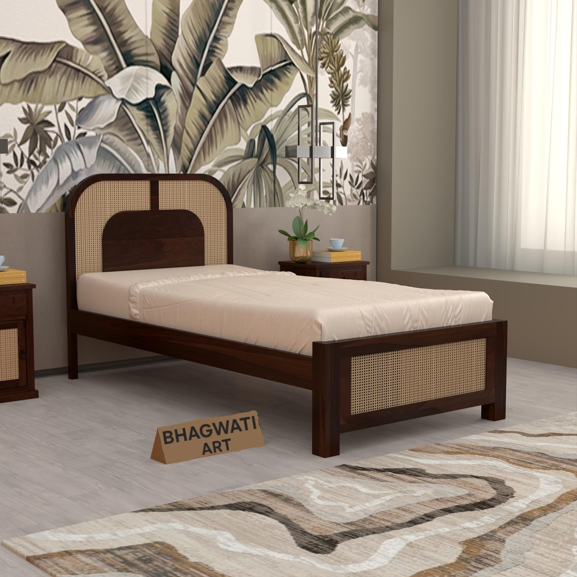 solid sheesham single bed with rattan cane design|single cot wooden bed without storage box|cane bed furniture for bedroom home & hotels|5 jaali rattan cane bed design,walnut finish