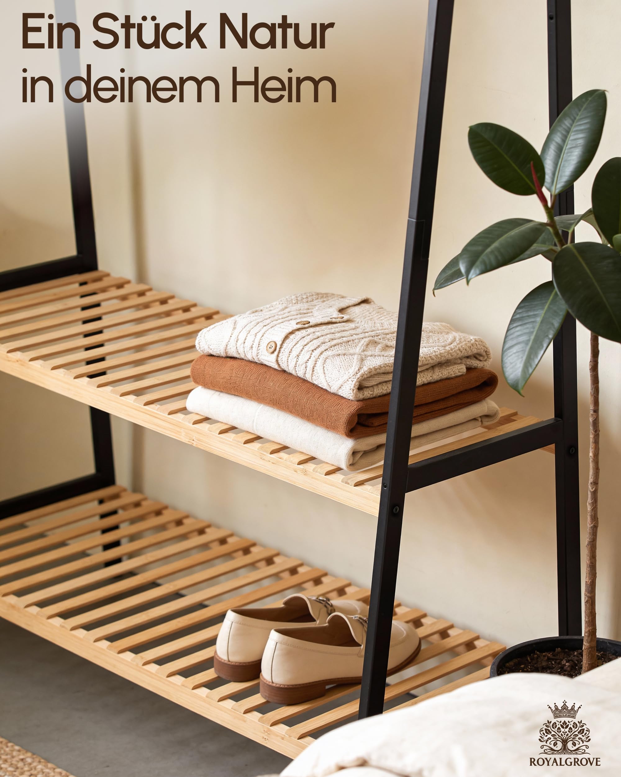 Kleiderständer mit 2 Ablagen, Bambus schwarz, Garderobenständer mit stabiler Kleiderstange, Holz Garderobe mit Schuhregal, für Flur, Schlafzimmer, offener Kleiderschrank, 160 x 80 x 44 cm