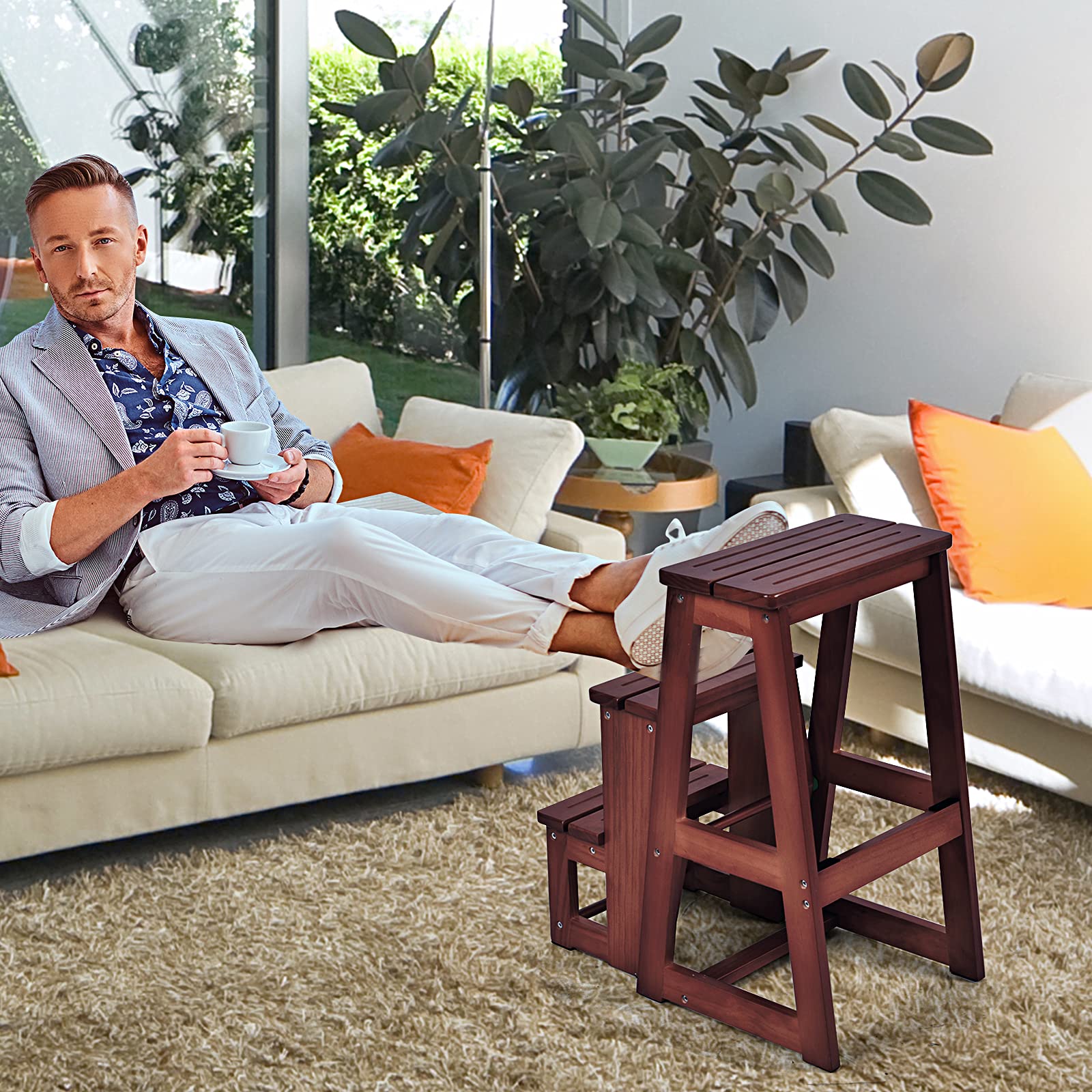 RELAX4LIFE Leiterstuhl 3 Stufen, Tritthocker Kiefernholz, Trittleiter zusammenklappbar, Trittstuhl, Haushaltsleiter, Hockerleiter, Klapphocker, 57 x 38 x 65 cm, Braun (Dunkelbraun)