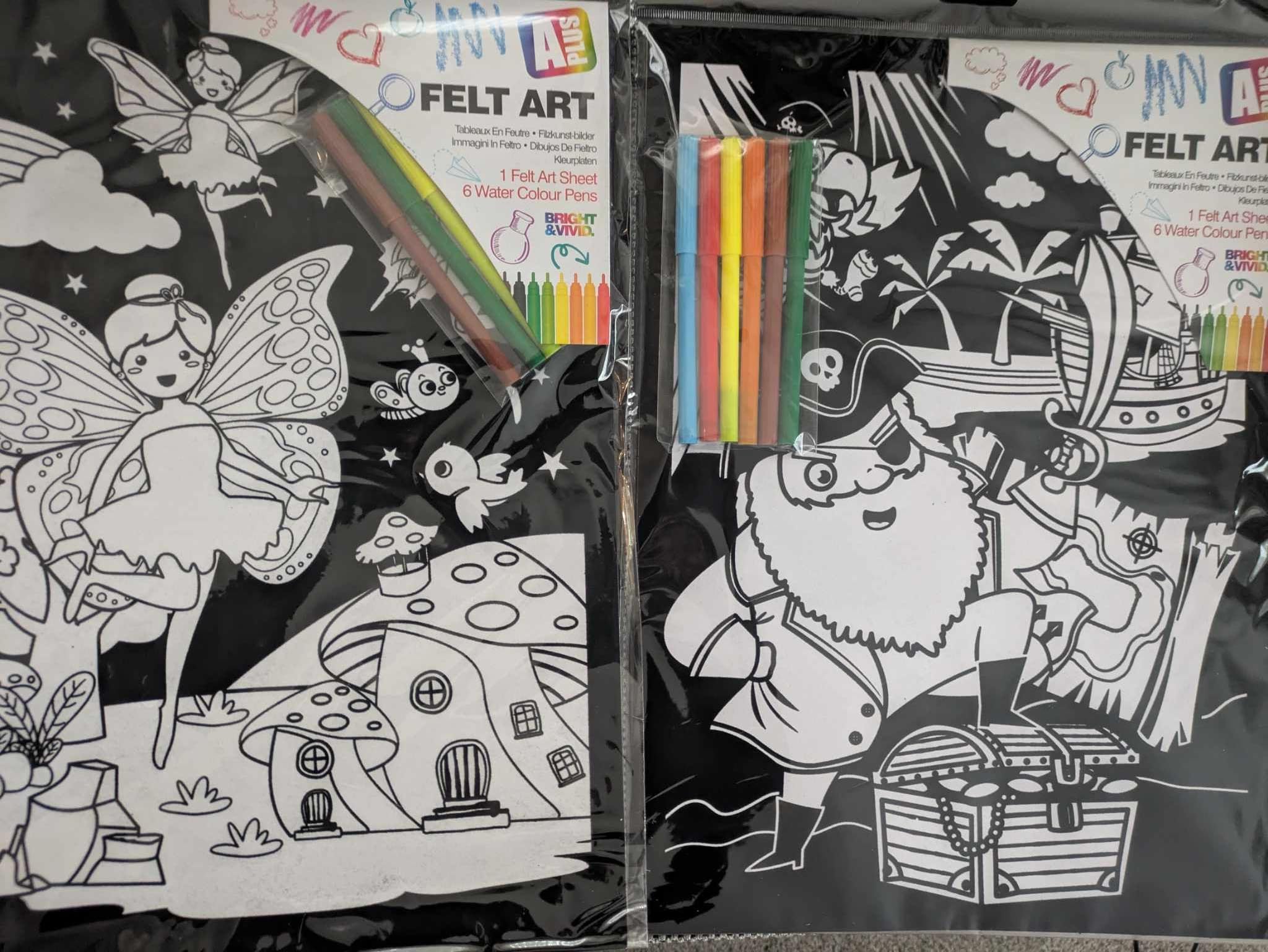 2 x Large Velvet Art Colouring Picture with Felt Pens Fairy & Pirate 11" x 15"