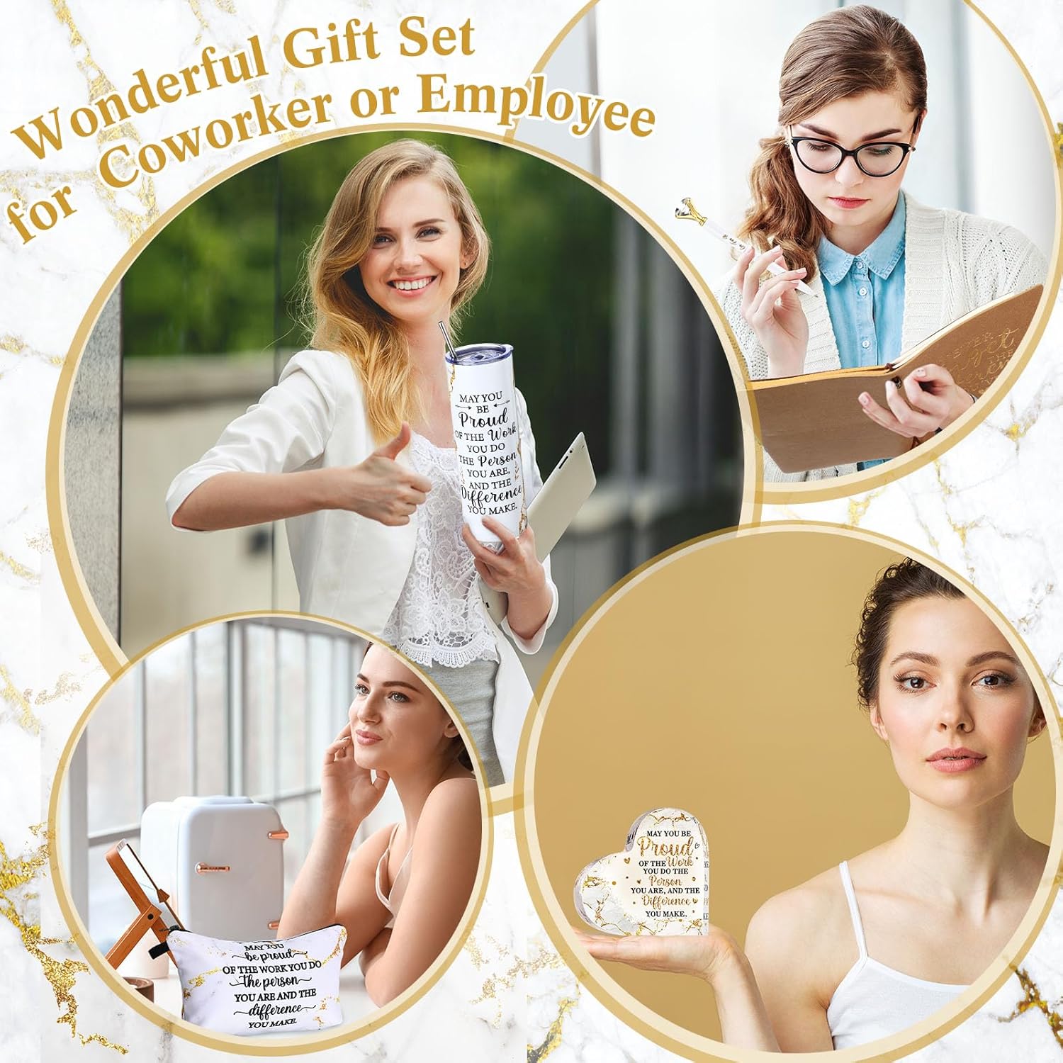 Yungyan 8 Pcs Employee Appreciation Gift for Women Men, Administrative Professional Day Gift May You Proud Tumbler Notebook Pen Makeup Bag Keepsake Keychain for Ot Month Teacher Coworker Nurse(White)