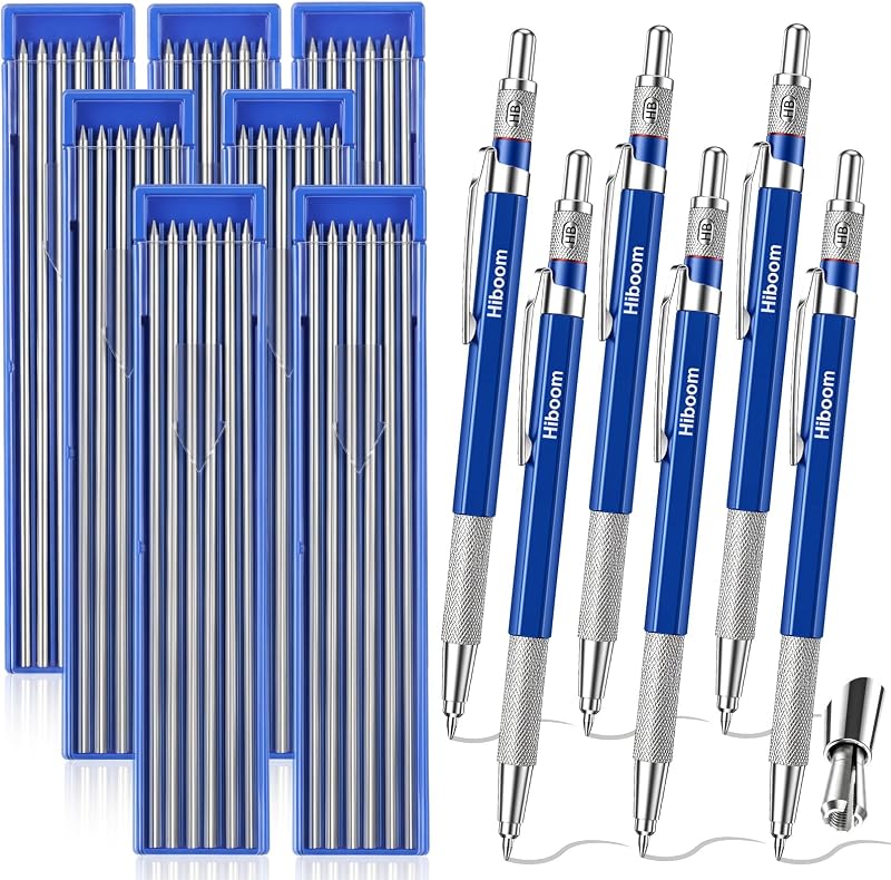 Hiboom 6 Pcs Welders Pencil with 72 Silver Round Refills 2 mm Mechanical Pencils Refill, Metal Marker Set for Pipe Fitter Welder Steel Construction Fabrication Wood Working Metal Layout Fabrication
