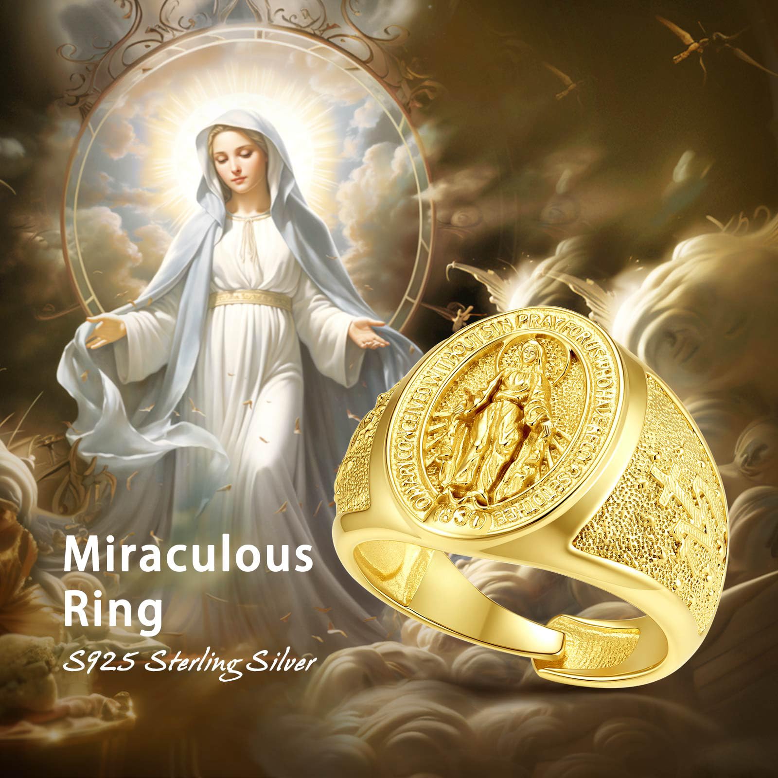 Collier Vierge Marie en Argent Sterling 925 pour Femmes Hommes, réglable Mère Marie Ouverte Notre-Dame de Guadalupe Bague Protection Cathoïque Bijoux Cadeau.