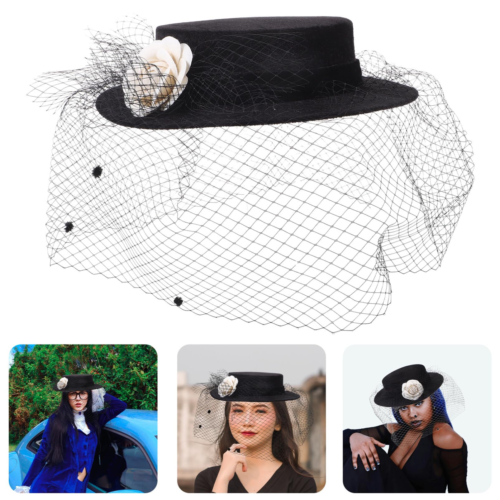 PACKOVE Cappello Donna Cerimonia Elegante in Nero a Tesa Larga