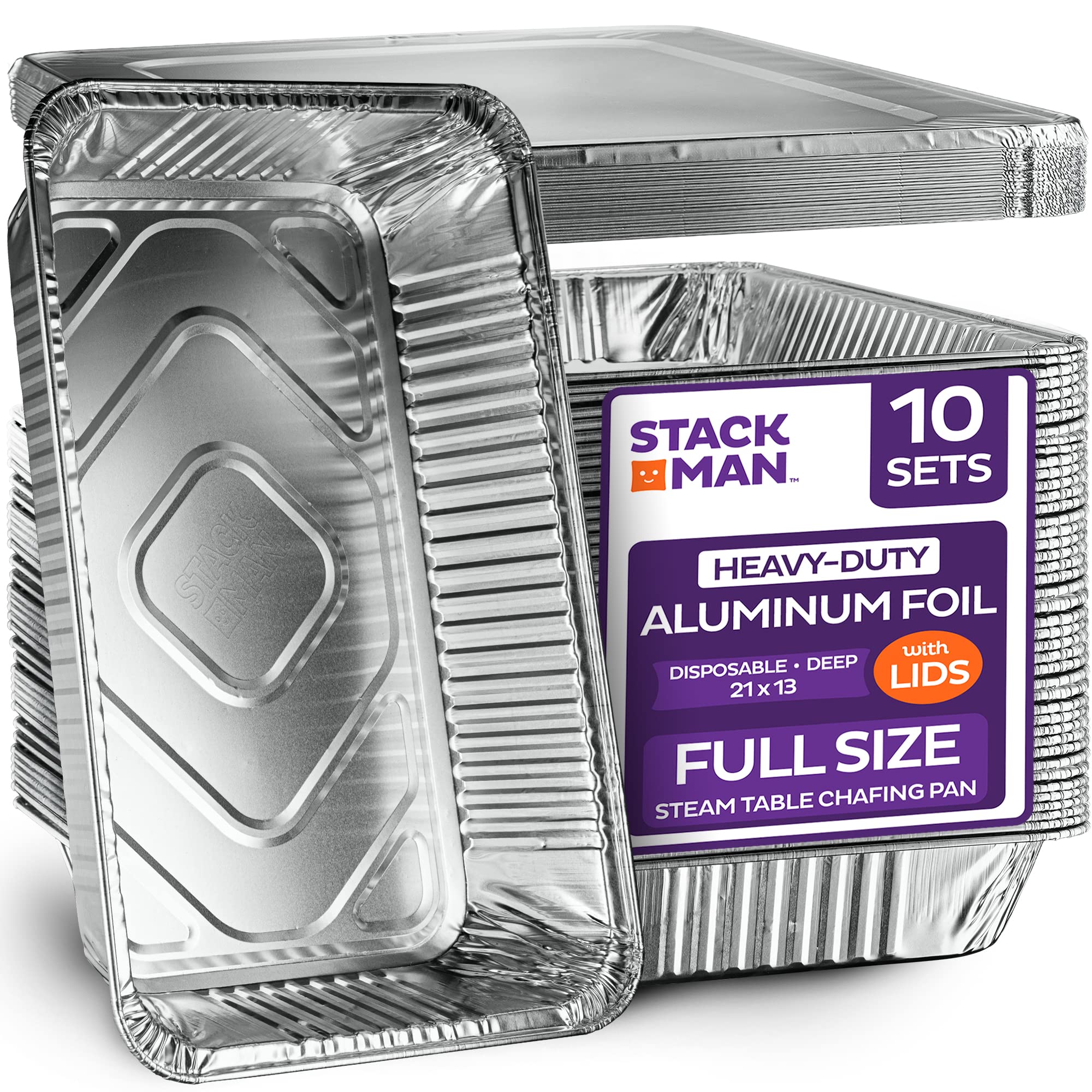 Large Aluminum Pans Full Size with Lids, Disposable Foil 21x13 Deep [10Pack] Steam Table