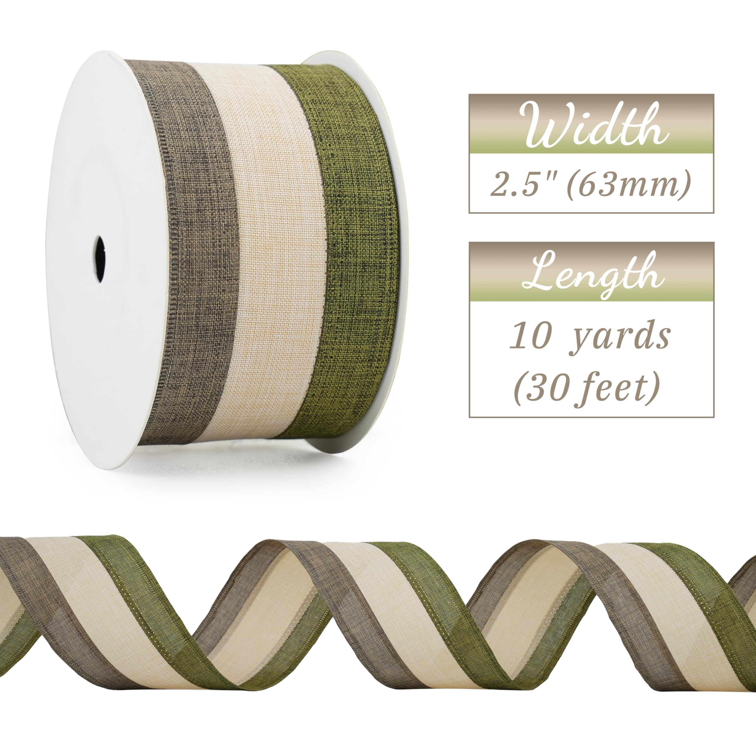 DINDOSAL Natural and Green Wired Ribbon 2.5