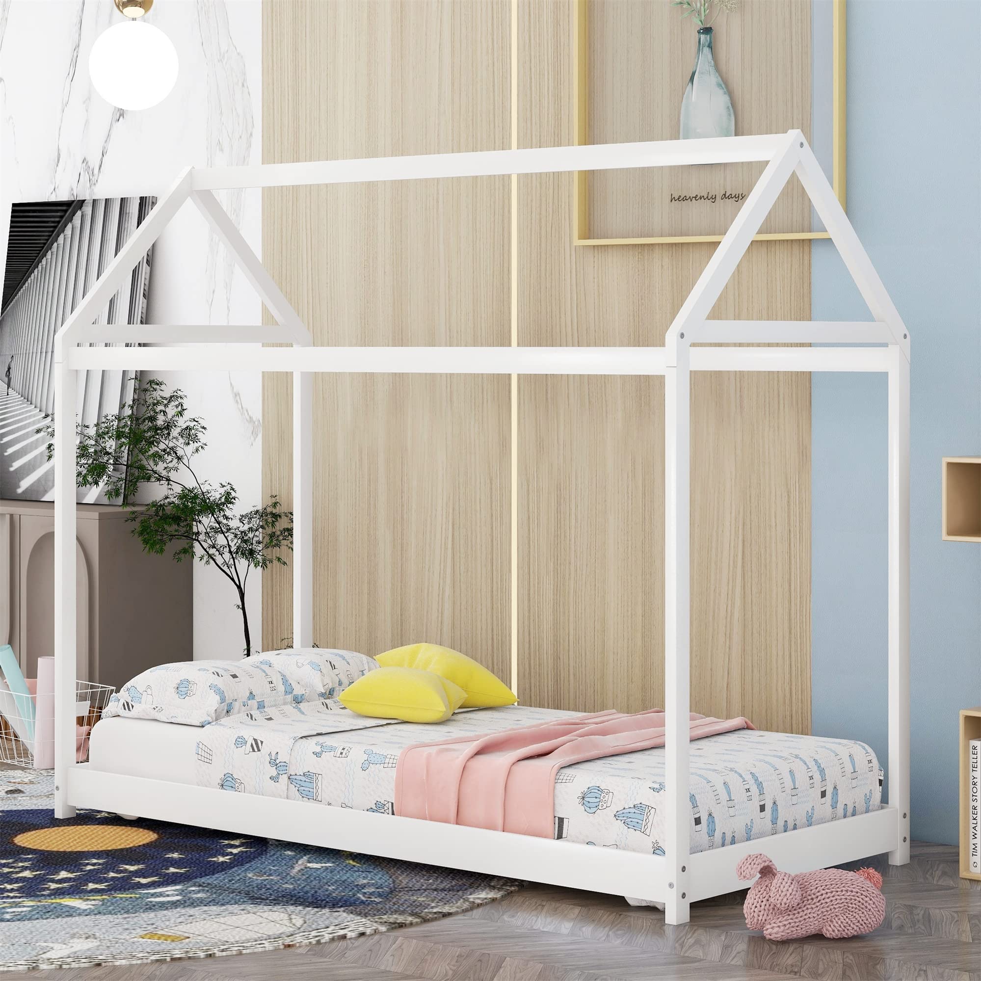 Twin House Floor Bed for Kids, Wooden Montessori Bed Frame for Baby Girls, Boys (White)