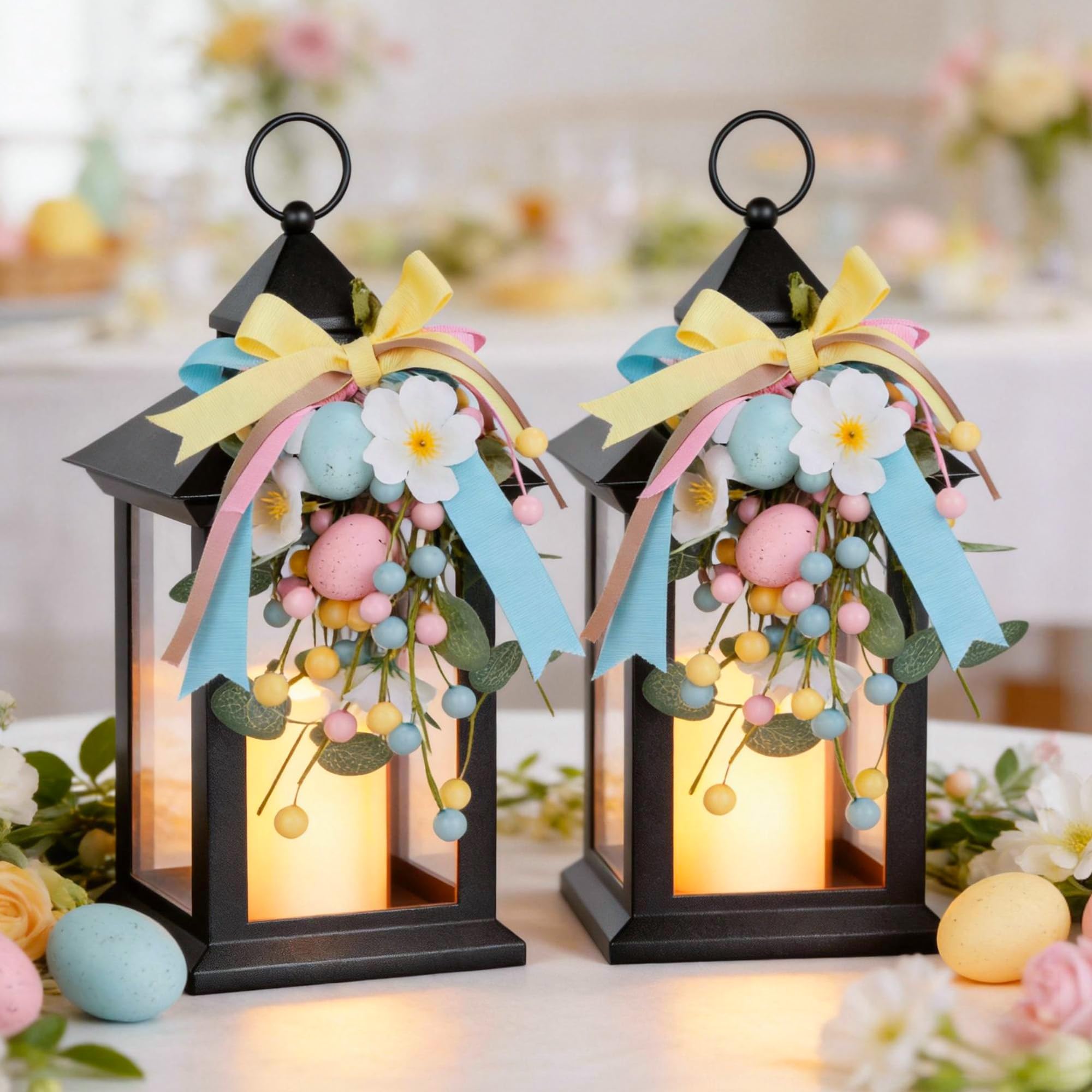 Easter Decorative Candle Lanterns, Battery Operated with Timer, 2 Pack Black Easter Egg Lanterns, 14" Waterproof Hanging Lanterns for Porch, Patio, Wedding Spring Decor