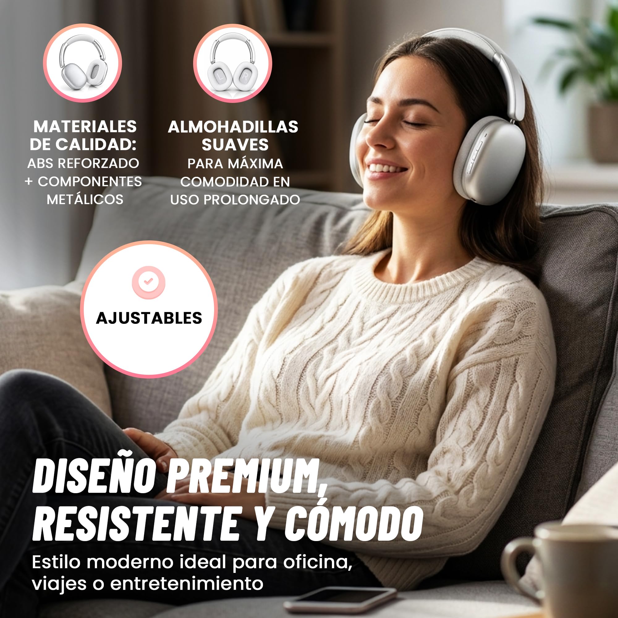 BEBEAT - Auriculares Inalambricos Bluetooth Diadema con Cancelación de Ruido Activa - 75 Horas de Uso - Carga Rápida, Ecualizador, Carga USB-C, Rango de 10 m, Llamadas Nítidas, iOS y Android.