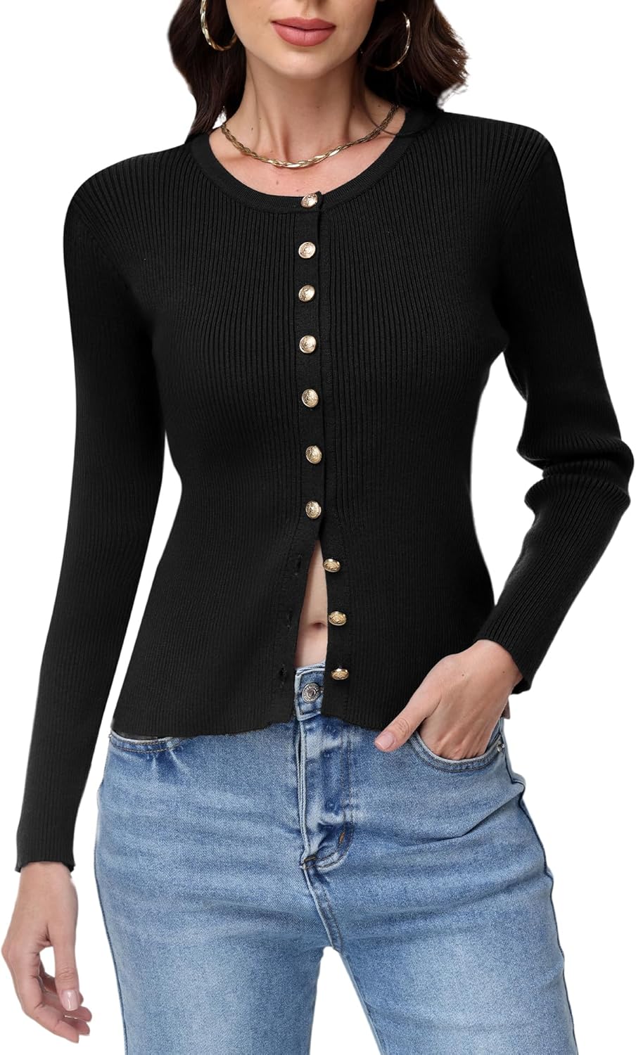 Womens Lightweight Cardigan Long Sleeve Button Cropped Cardigan Sweater Round Neck Ribbed Knit Crop Top Slim Fit