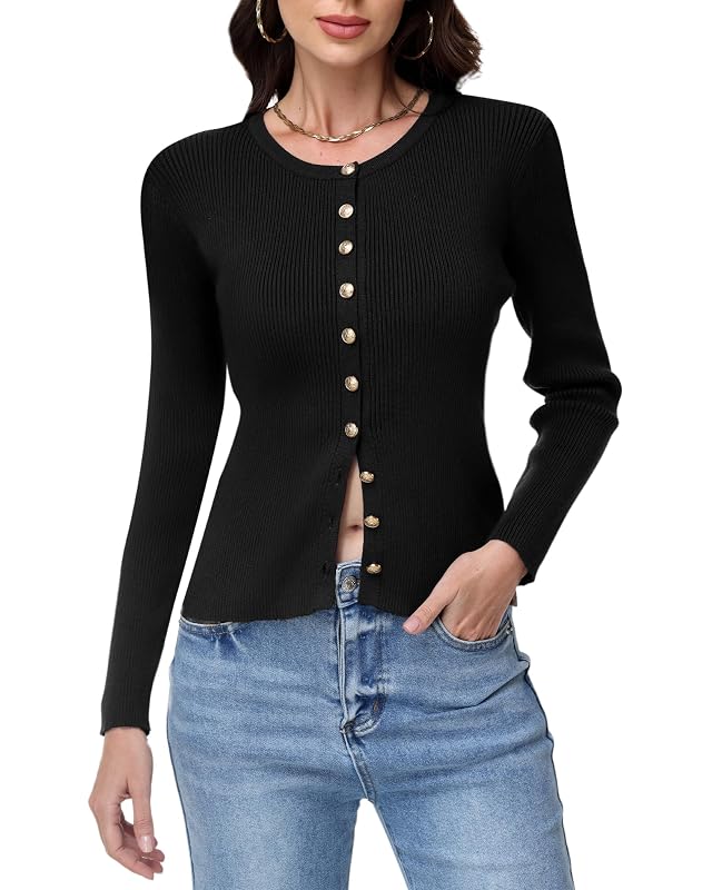Womens Lightweight Cardigan Long Sleeve Button Cropped Cardigan Sweater Round Neck Ribbed Knit Crop Top Slim Fit