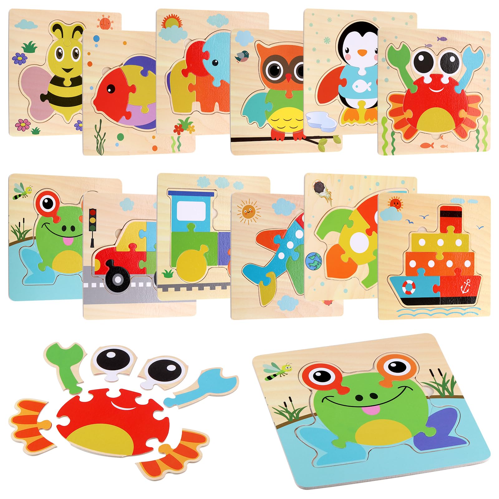 Huiguli 12Pcs Wooden Puzzles Animals, Puzzles Jigsaw for Baby Boys Girls, Educational Learning Toy, Birthday Gift for Age 1 2 3 Years Old Toddlers Kids