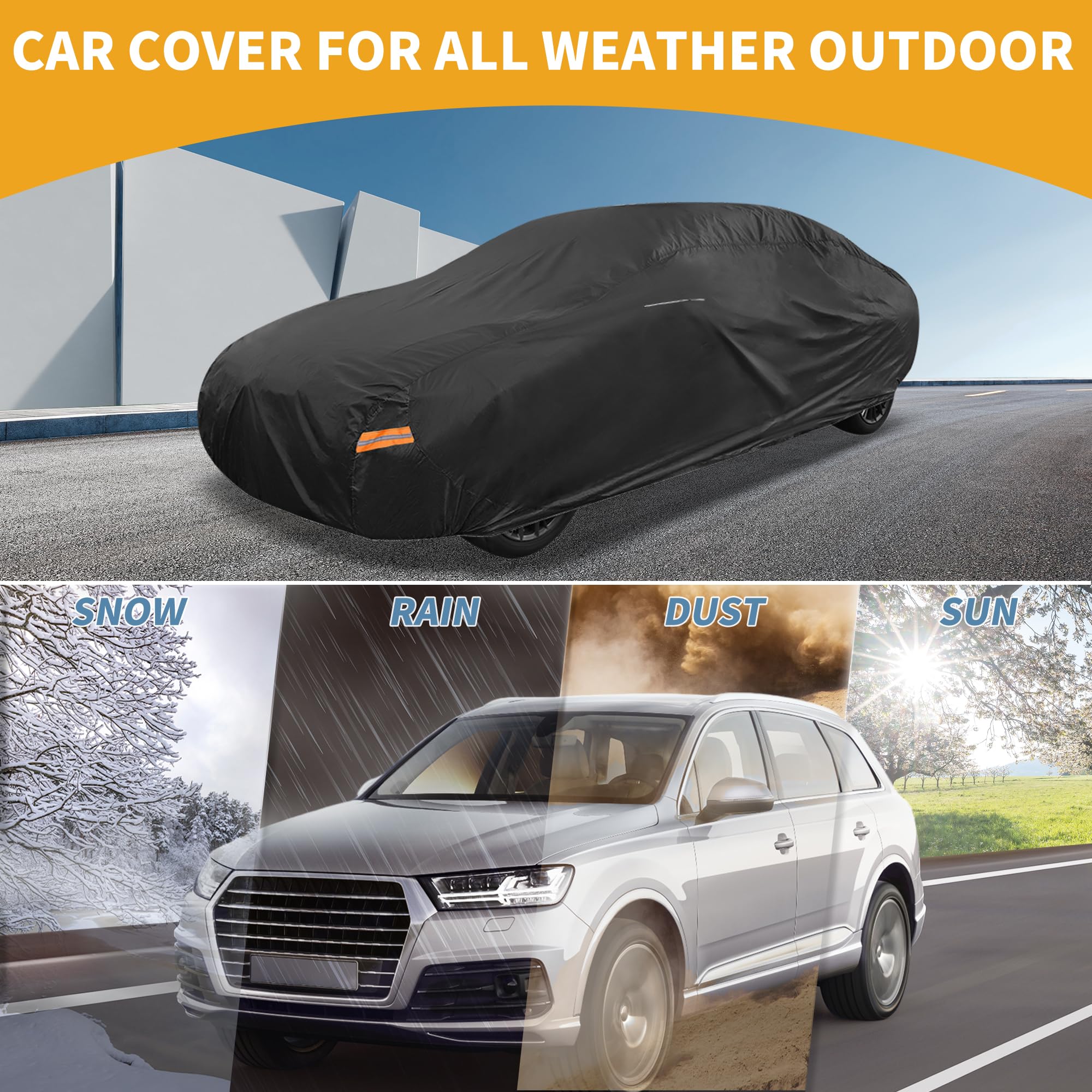 Partuto Waterproof All-Weather Universal Sedan Car Cover with Right Side Zipper Mirror Pocket 210D-PU Black Fits for Sedan — view 2