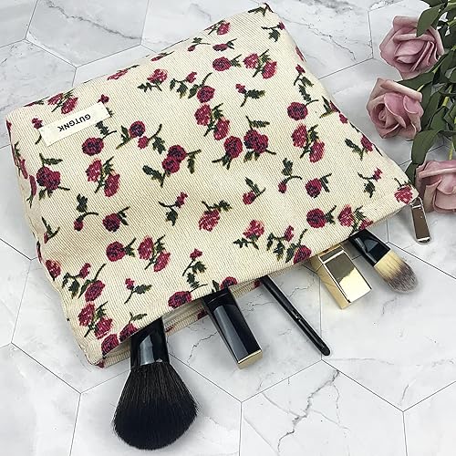 Miniatura 2 de Bolsa de maquillaje para mujer, bolsa de cosméticos de pana con diseño estético, estuche para lápices para niñas, lindo organizador de maquillaje de