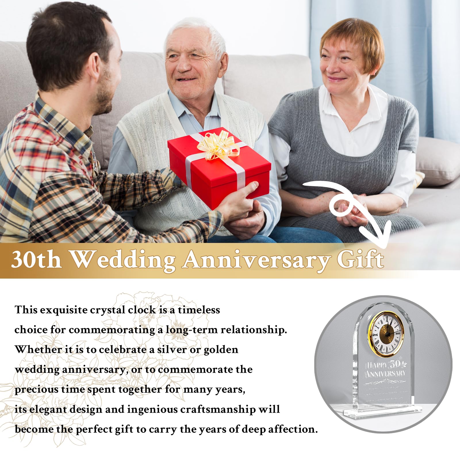 30th for Couples - Reloj de cristal dorado para boda con mensaje grabado sincero, elegante decoración de mesa para marido, esposa, padres