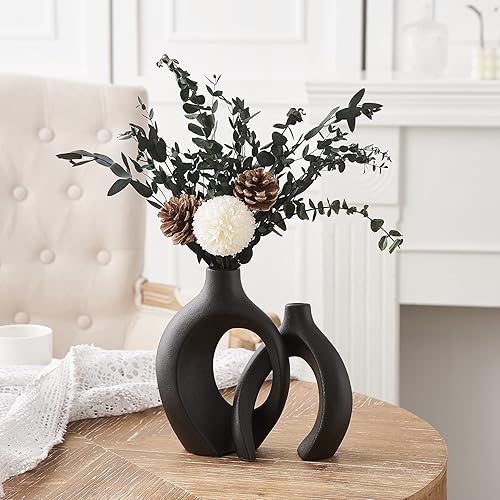 Miniatura 2 de Jarrón de cerámica negro para decoración del hogar jarrones cruzados, juego de 2 jarrones modernos para sala de estar, estante de oficina, centro de