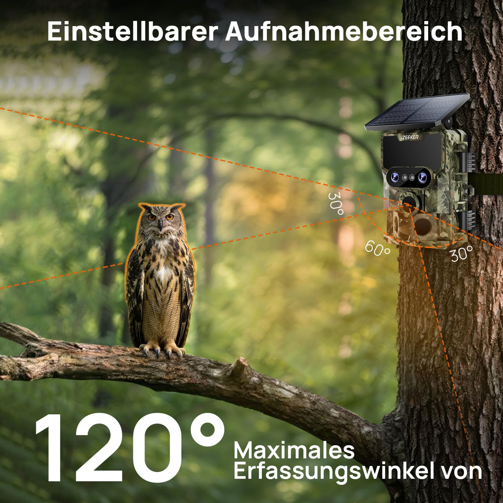 iZEEKER Wildkamera WLAN Duales Objektiv 4K 30fps 60MP, Wildtierkamera mit Sternenlicht Nachtsicht Bewegungsmelder, 120° Erfassungswinkel 0,1s Auslösezeit, Wildcamera mit 32GB SD-Karte und 4 Batterien