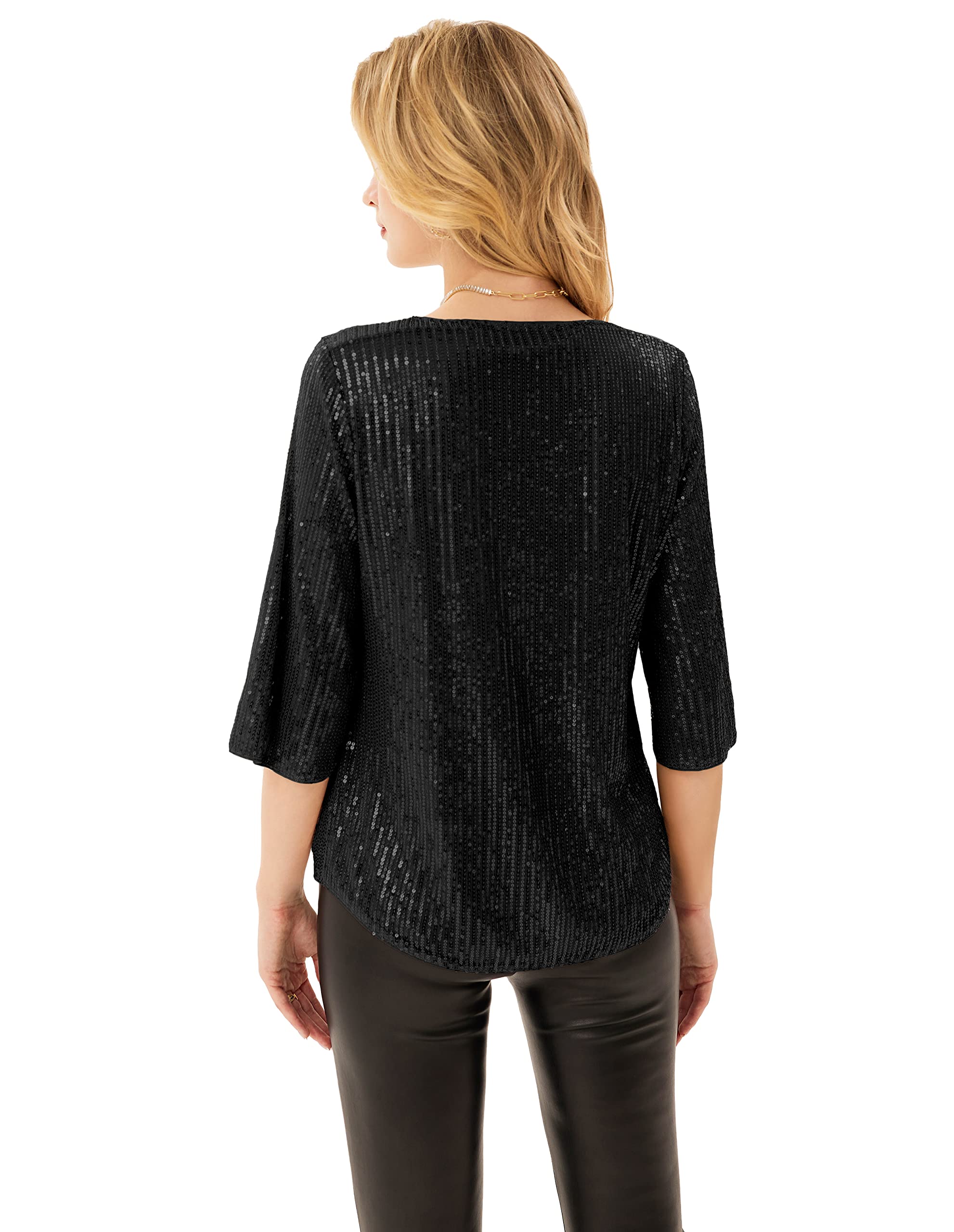 GRACE KARIN Camicia Donna Paillettes a Manica a 3/4 Top Elegante Girocollo Manicotto Split