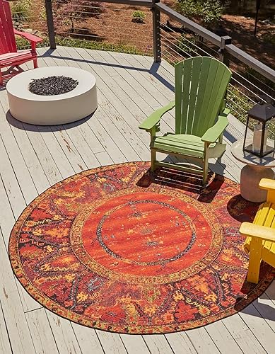 Unique Loom Outdoor Tribal Collection - Alfombra Quepos (10 pies, redonda, multicolor y negro)