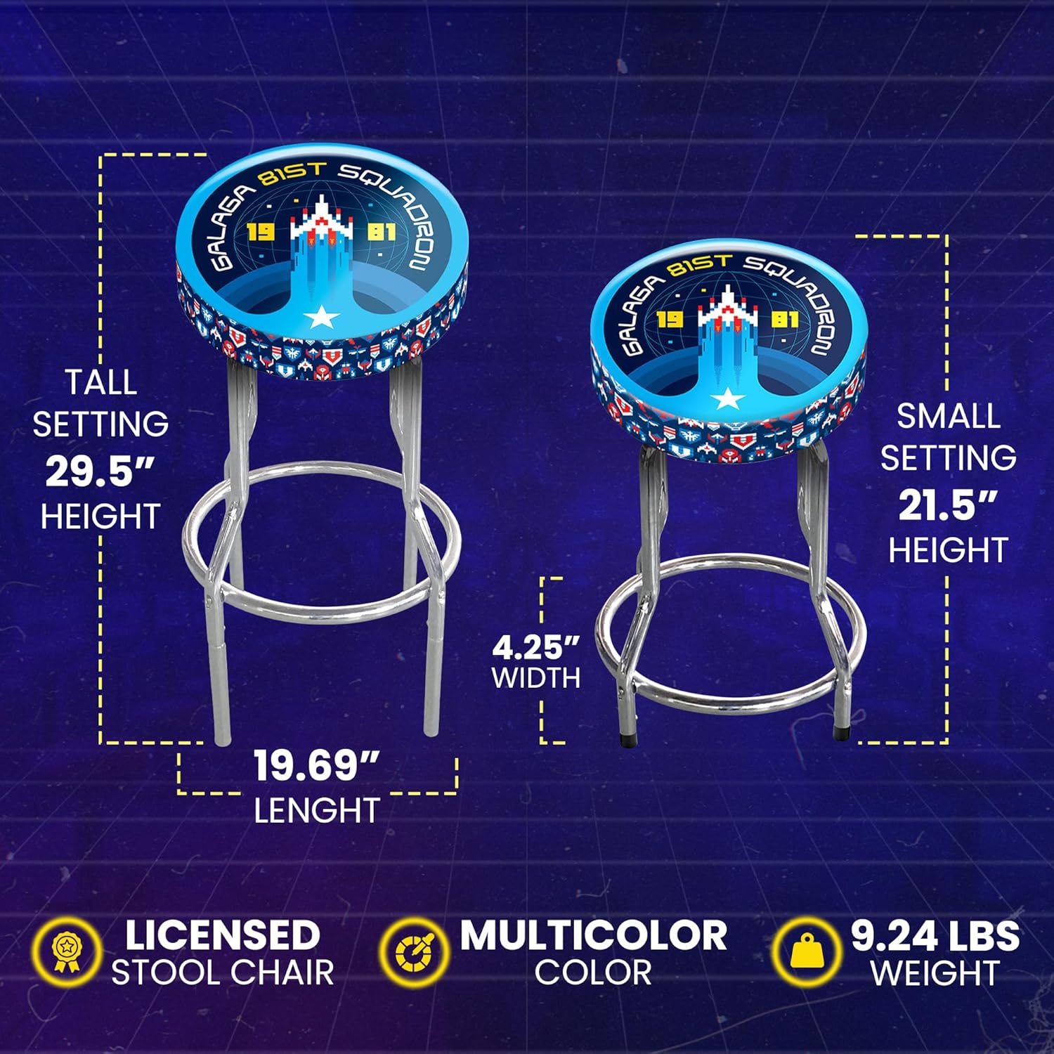 ARCADE1UP Adjustable Padded Arcade Game Stool, Steel Frame, 1981 Galaga, 21.5" to 29.5"