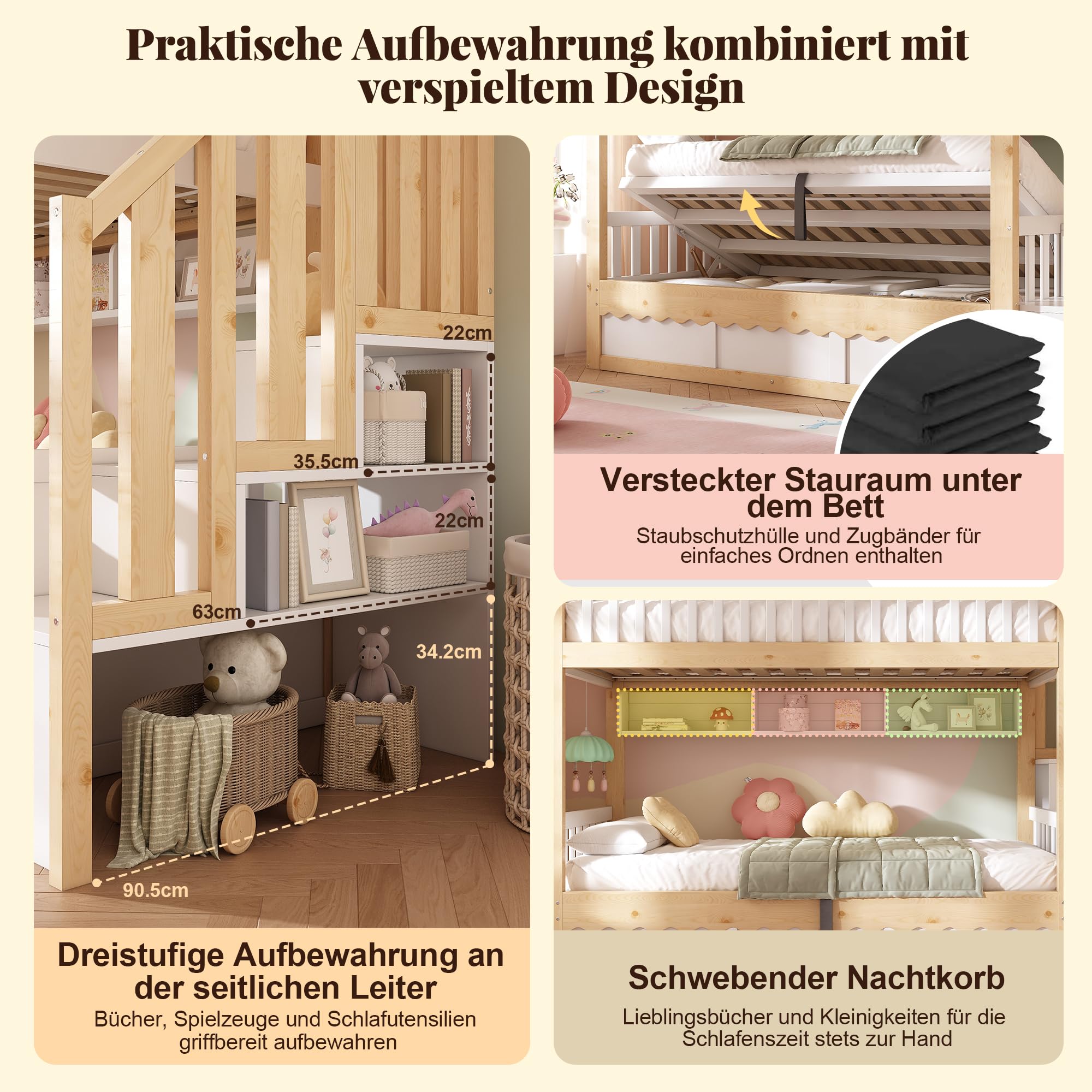 90 x 200 cm Litera para niños con espacio de almacenamiento hidráulico – Cama alta de madera con escalera de seguridad y estante, protección anticaídas, certificado EN 747-1:2024, blanco y roble