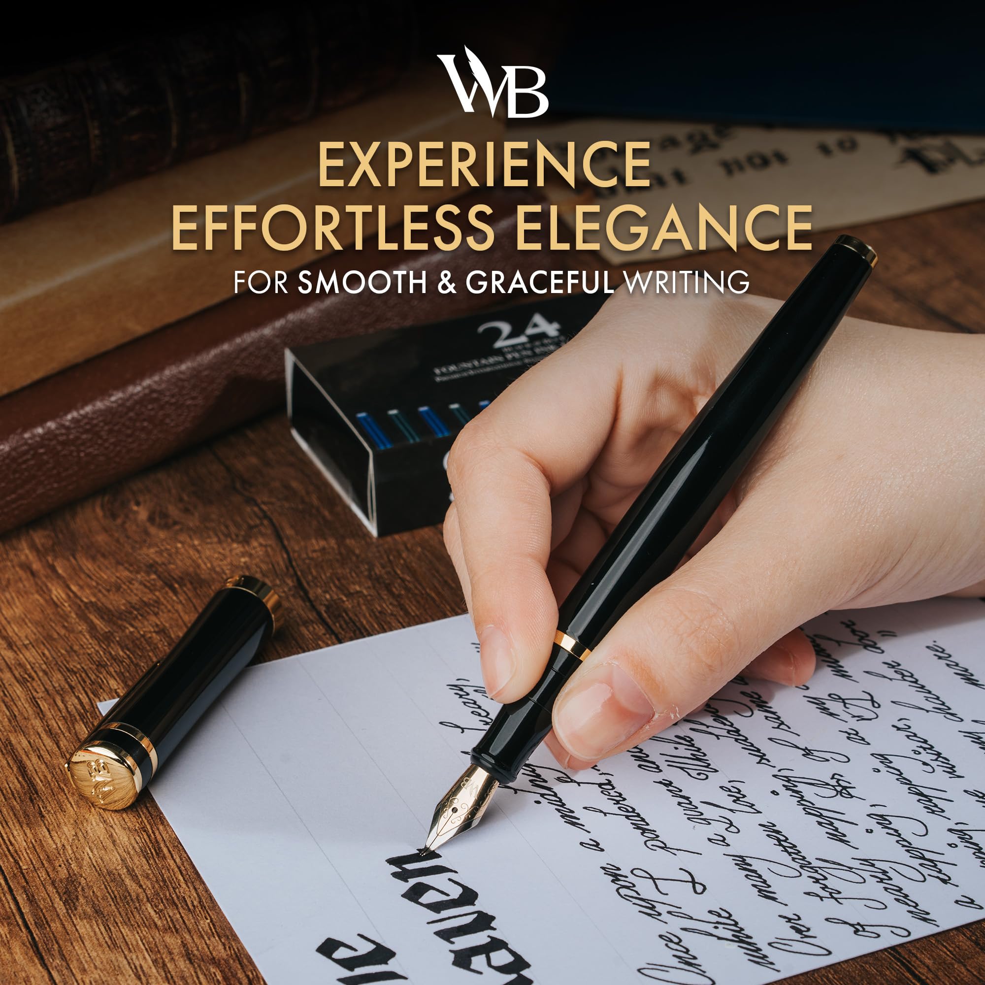 Wordsworth & Black Fountain Pen Set, 18K Gilded Bent Nib, Includes 24 Pack Ink Cartridges, Ink Refill Converter & Gift Box - Image 2