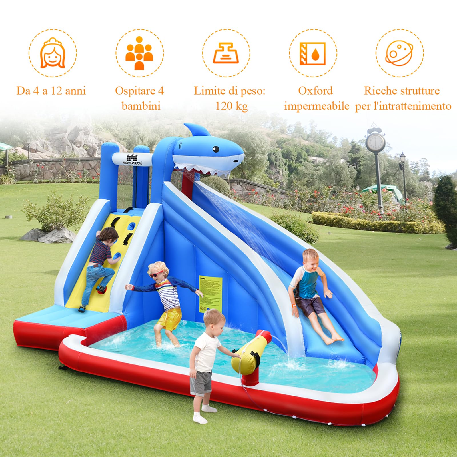 COSTWAY Castello Gonfiabile Per Bambini, Parco Giochi Gonfiabile Con Scivolo, Parete Per Arrampicarsi e Piscina, Ideale Per 4 Bambini 3-8Anni, Con Borsa di Trasporto e Kit di Riparazione
