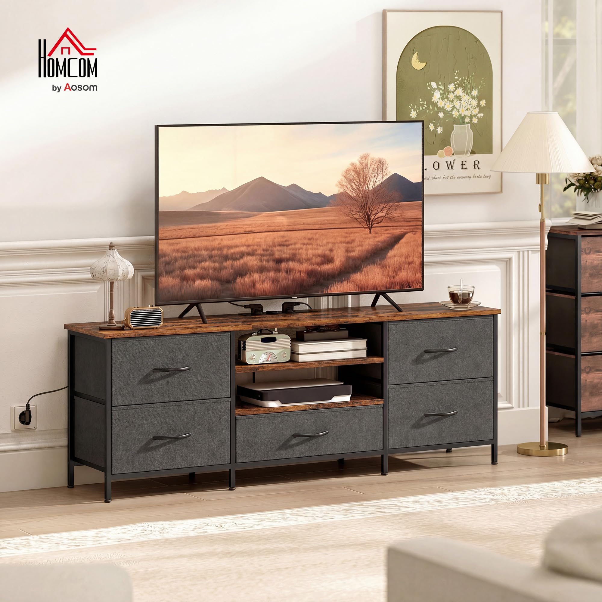 HOMCOM Szafka pod telewizor 140 cm ze stacją ładującą, 5 szufladami z tkaniny, otwarte półki i stalowa rama, szafka pod telewizor do salonu, sypialni, ławka pod telewizor do 65 cali, rustykalny brąz