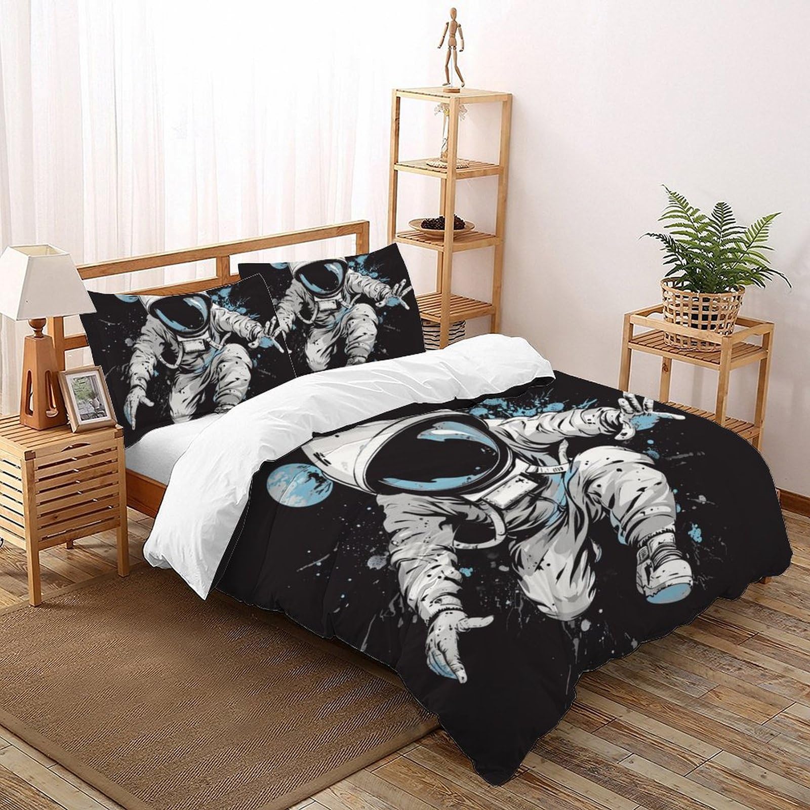 Housse de couette espace astronautes 200x200cm avec 2 taies d'oreiller microfibre