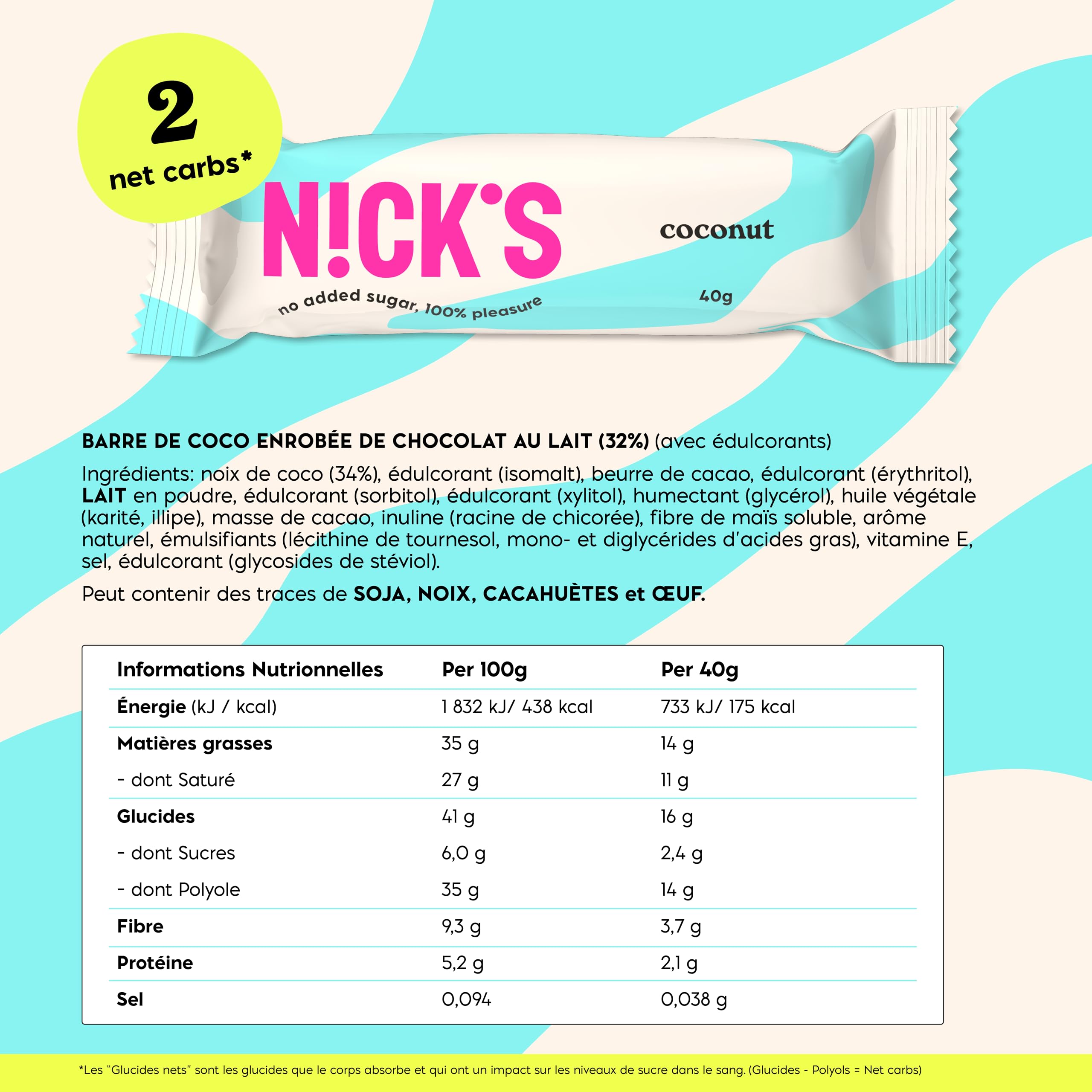 NICKS Barre Keto Noix de Coco au Chocolat Sans Sucre Ajouté, Sans Gluten, Sans Huile de Palme, 175 Calories, 2 g Glucides nets, Low carb Coconut chocolate bar (15x40g)
