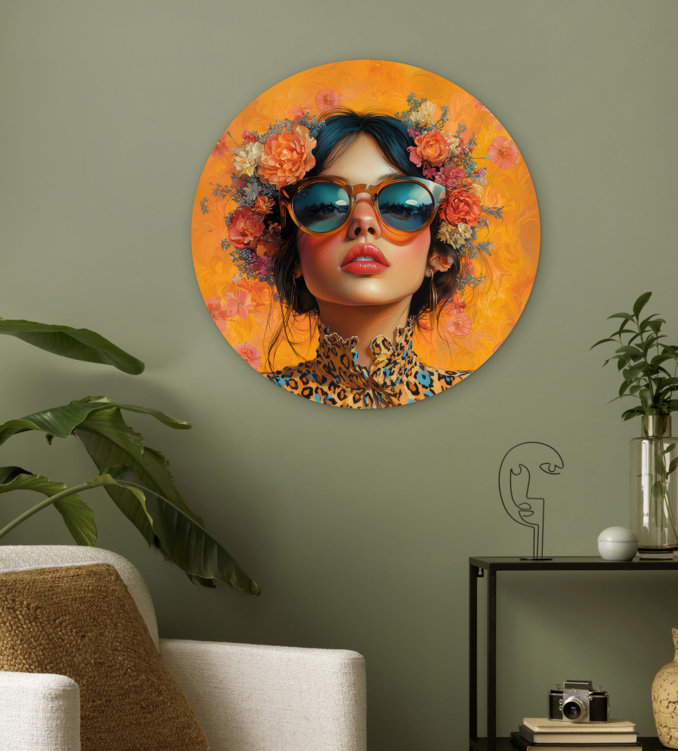 MuchoWow© Wandkreis Ø60 cm Home Decor Modern Dekoration Deko Wandbilder Wanddekoration Zimmerdeko Wohnung Wall XXL Wohnzimmer Schlafzimmer Frau - Blumen - Ästhetik - Orange