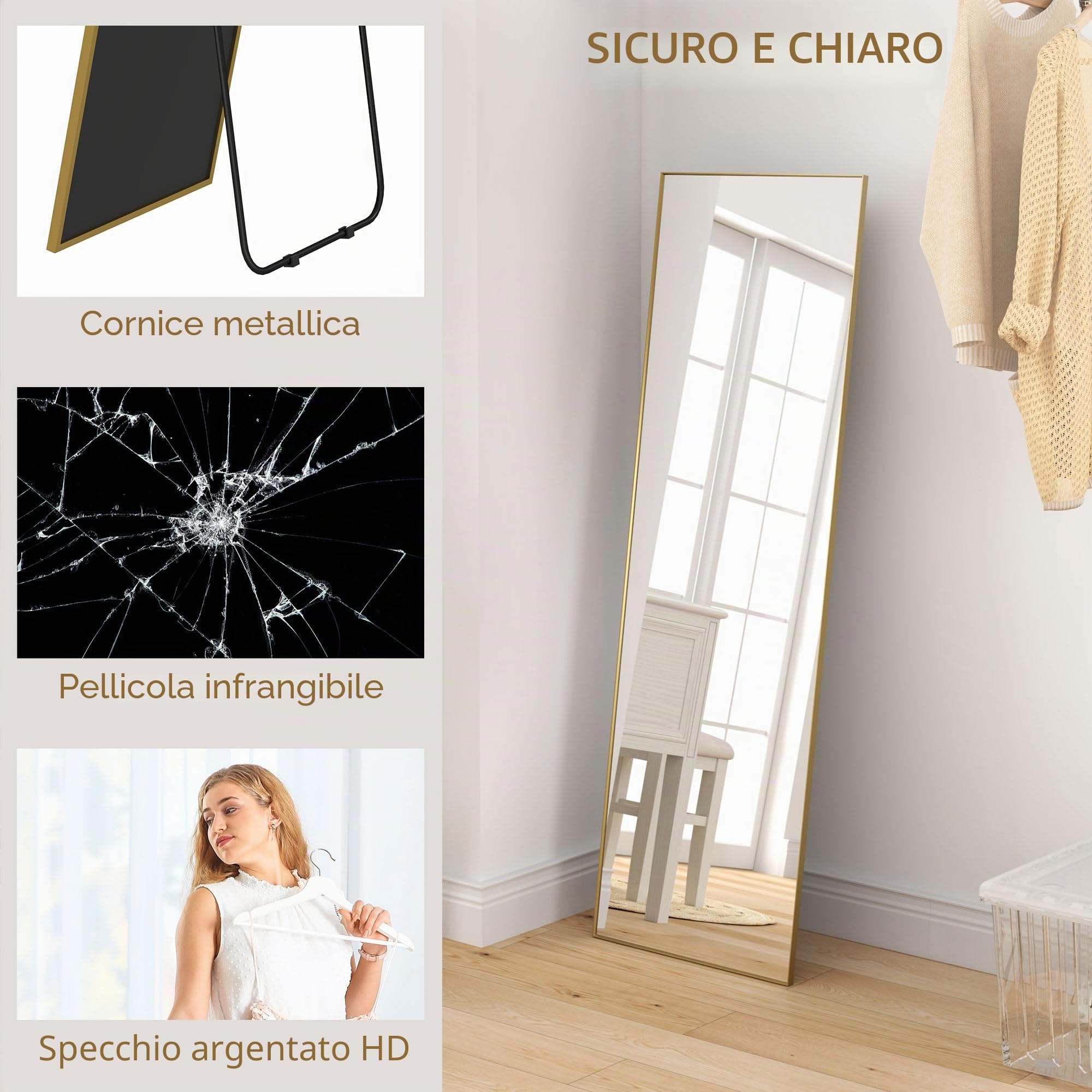 HOMCOM Specchio a pavimento rettangolare a figura intera 50x160cm Nero | Montaggio a parete o appoggiato a parete, per camera da letto, soggiorno e spogliatoio