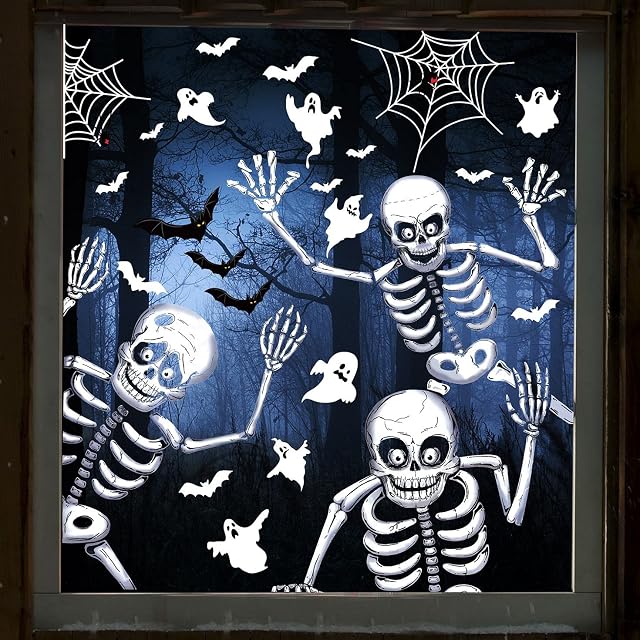 Vancavoo Halloween Window Clings Halloween Decoration Double-Sided Window Stickers Skeleton Ghost Skull Bat Spider Decals Wallpaper Wall Poster Silhouette Party Display Reusable (21 * 29.5cm)