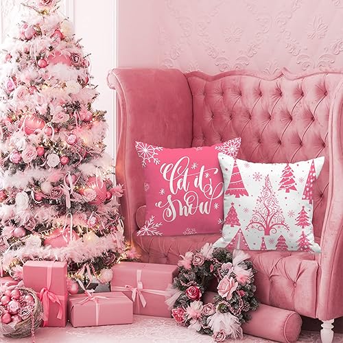 Miniatura 2 de Lanpn Juego de 4 fundas de almohada de Navidad blancas y rosas de 18 x 18 pulgadas, fundas de cojín decorativas de Navidad de 18 pulgadas, fundas de